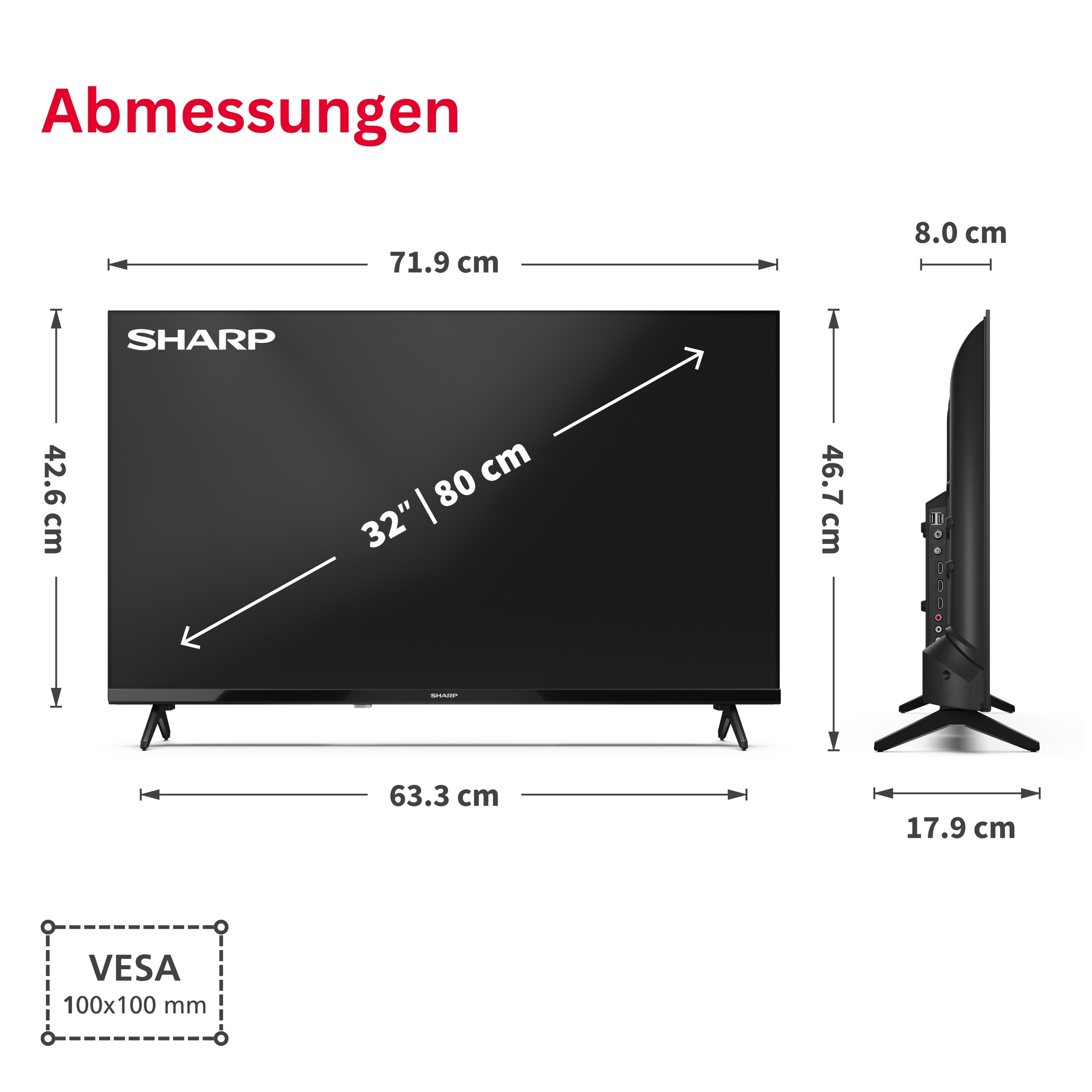 Maße eines 32-Zoll-Sharp-Fernsehers: Breite 71,9 cm, Höhe 46,7 cm.