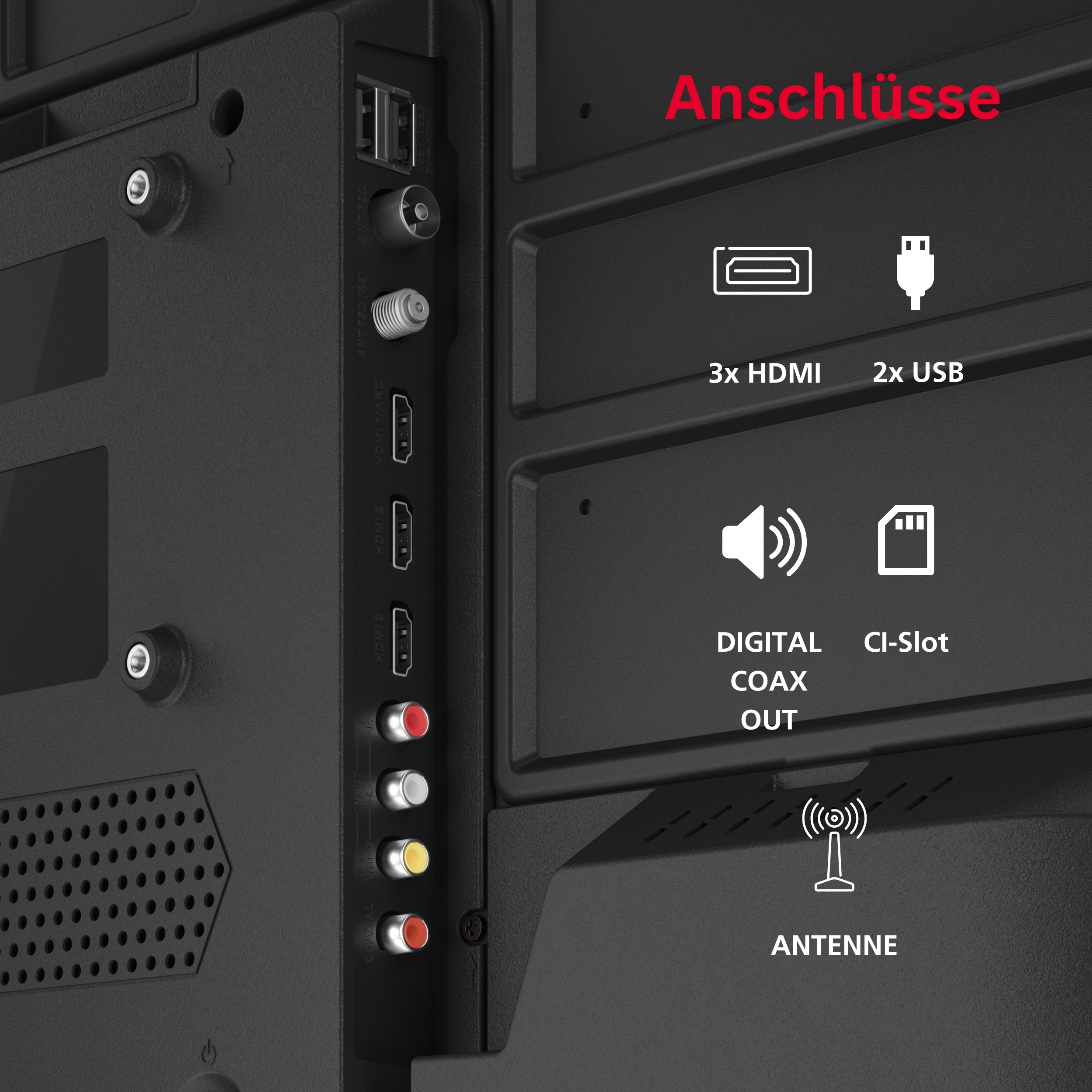 Anschlüsse: 3x HDMI, 2x USB, Digital Coax Out, CI-Slot, Antenne.