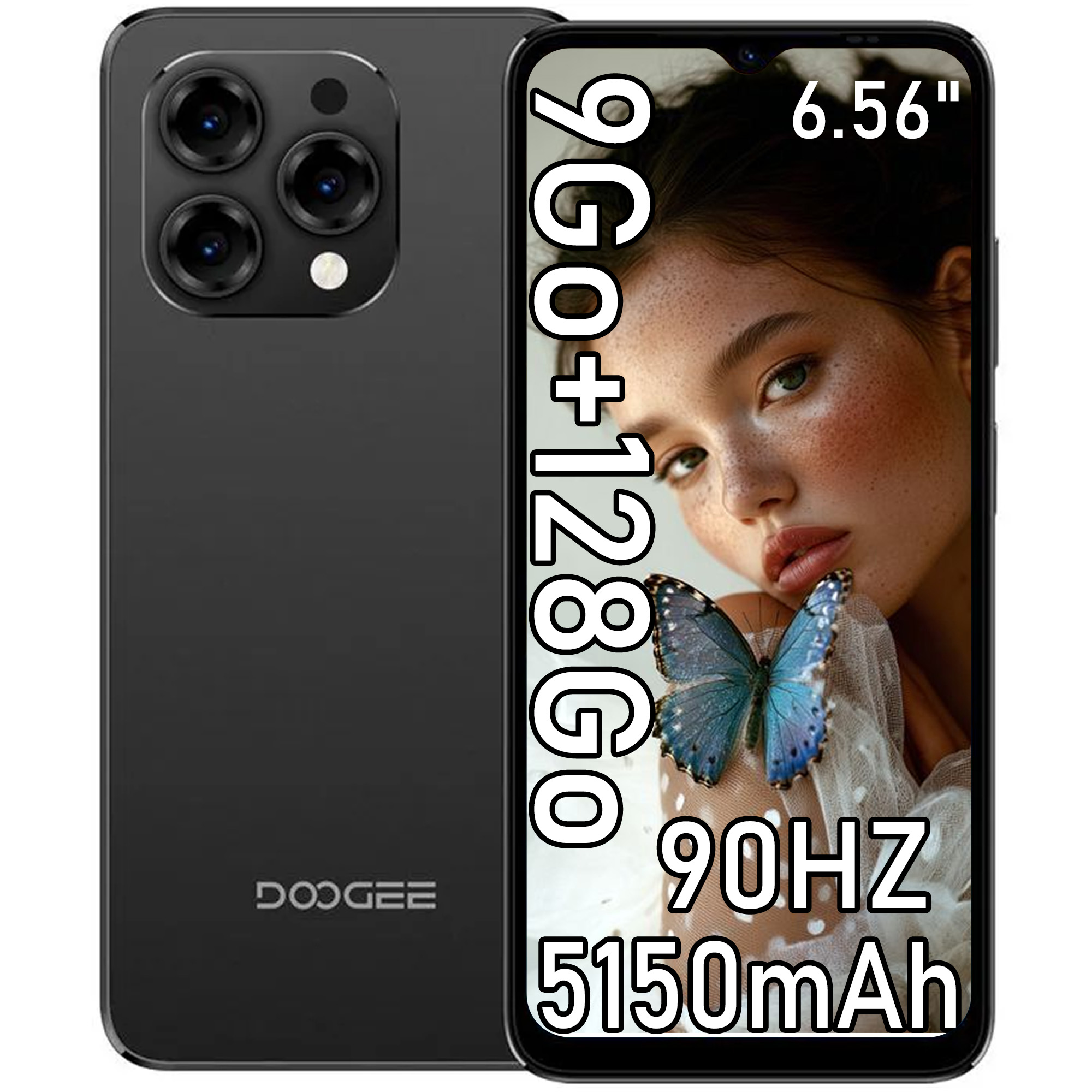 Smartphone nero con 3 fotocamere, display 6,56", 90Hz, 5150mAh.
