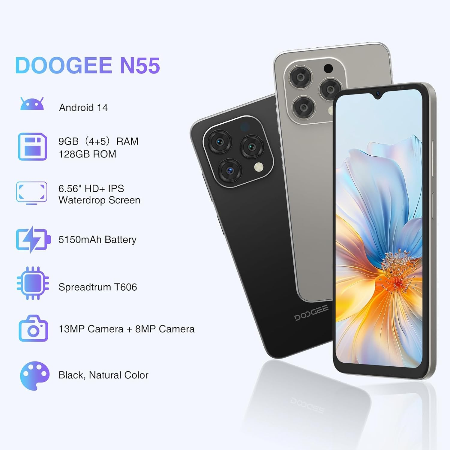 DOOGEE N55: Telefoni neri e argento, Android 14, 9 GB RAM, 128 GB ROM.