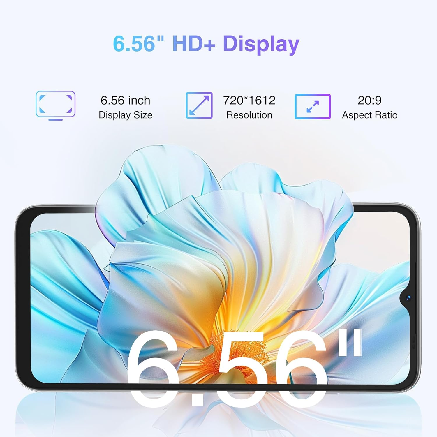 Uno smartphone con display HD+ da 6,56 pollici, risoluzione 720x1612 e aspect ratio 20:9.