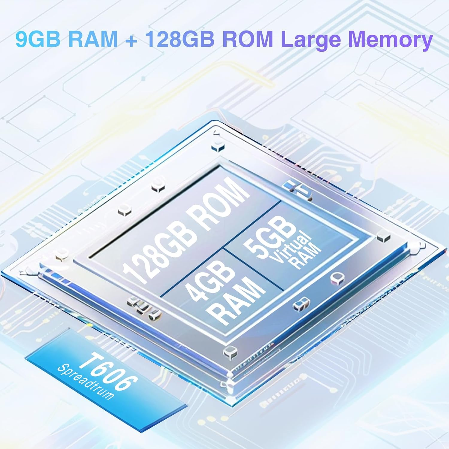 Rendering astratto di un chip con 9GB di RAM e 128GB di ROM.