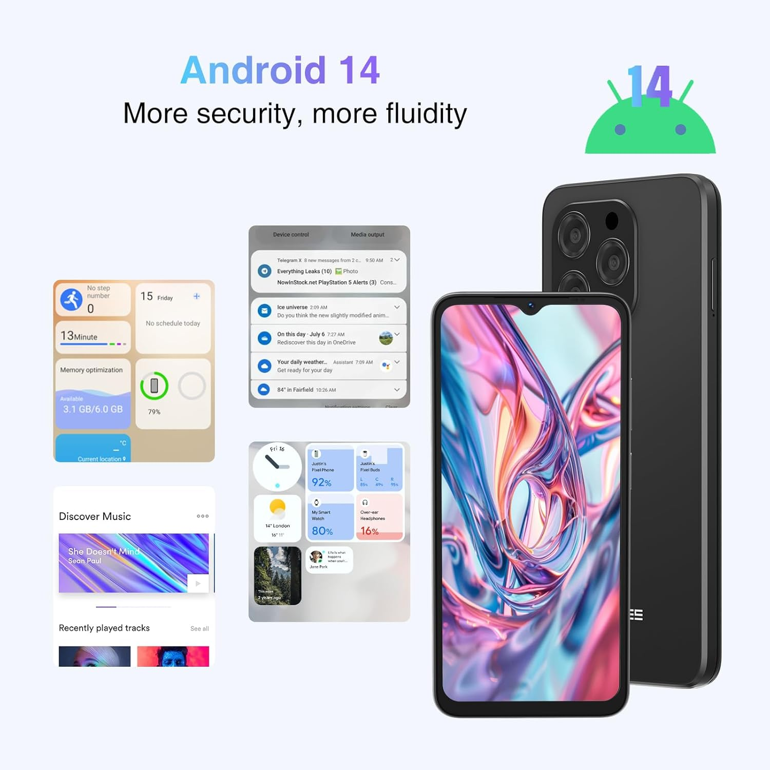 Annuncio Android 14 con due smartphone, notifiche e widget.