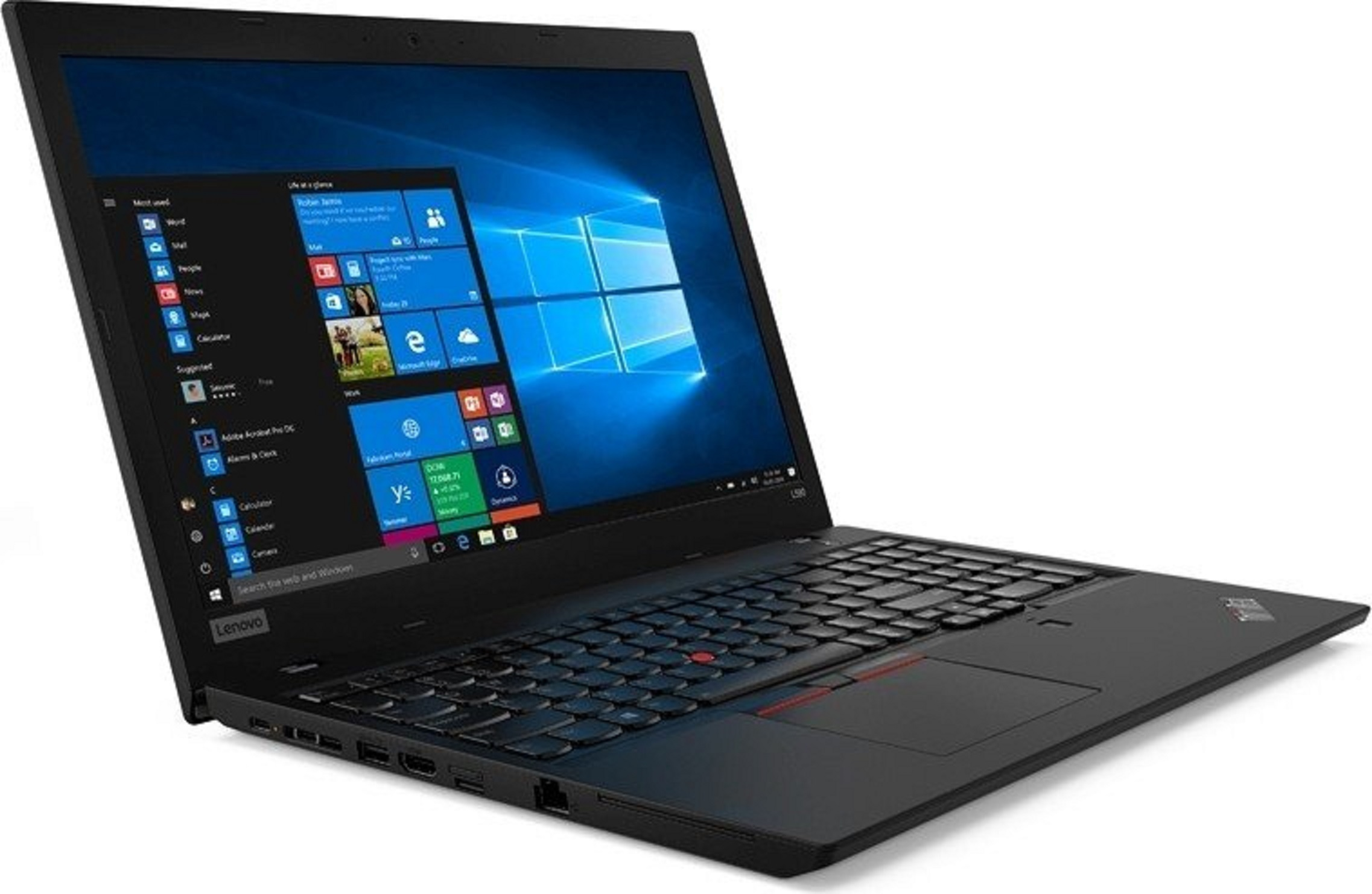 Ein schwarzer Lenovo Laptop mit eingeschaltetem Bildschirm, der Windows-Desktop zeigt.