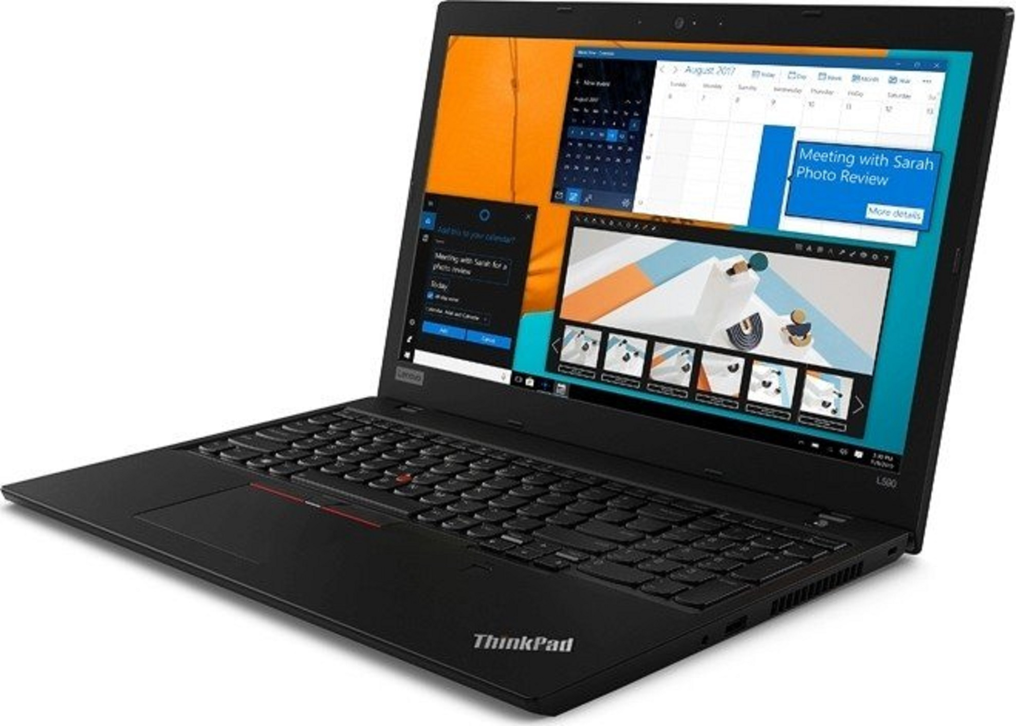 Schwarzer Lenovo ThinkPad Laptop mit Kalender und Fotos auf dem Bildschirm.