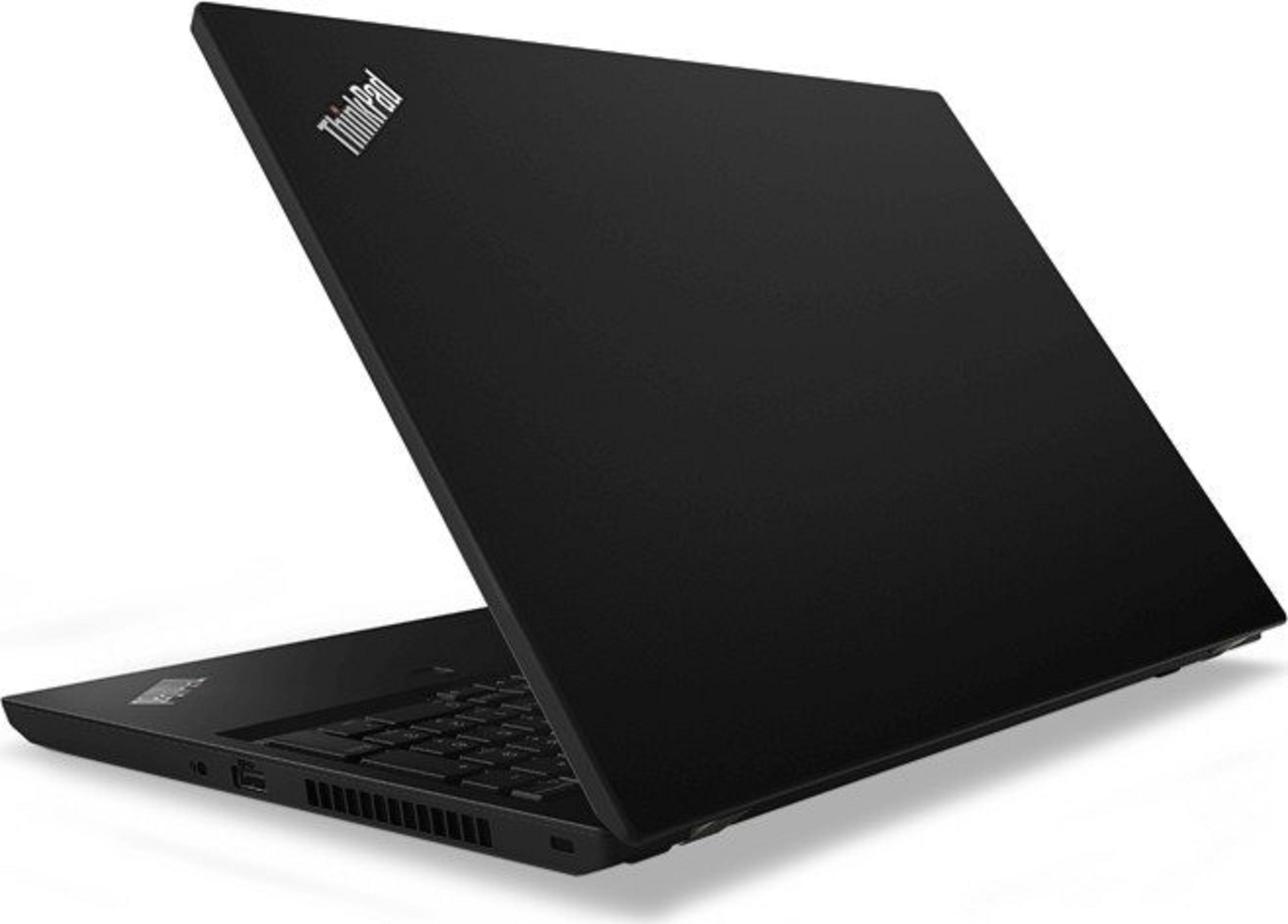 Schwarzer Laptop mit ThinkPad-Logo auf dem Deckel, im Winkel geöffnet.