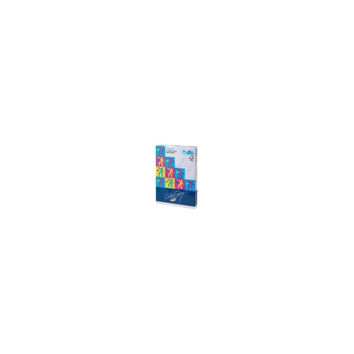 Verpakking voor kopieerpapier met kleurrijke figuren en 'Color Copy'-tekst.