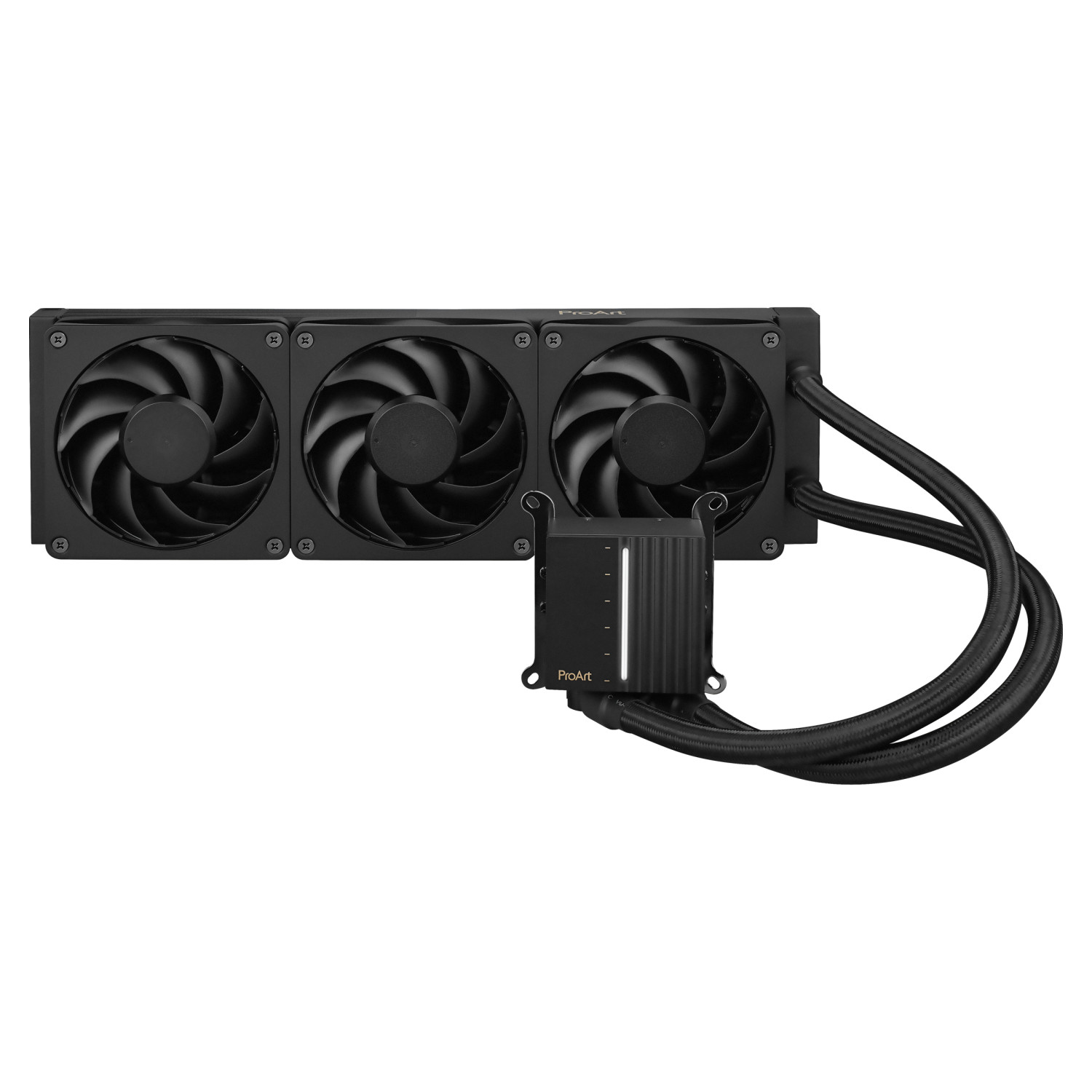 Üç fanlı ve RGB aydınlatmalı pompaya sahip siyah CPU soğutucu.