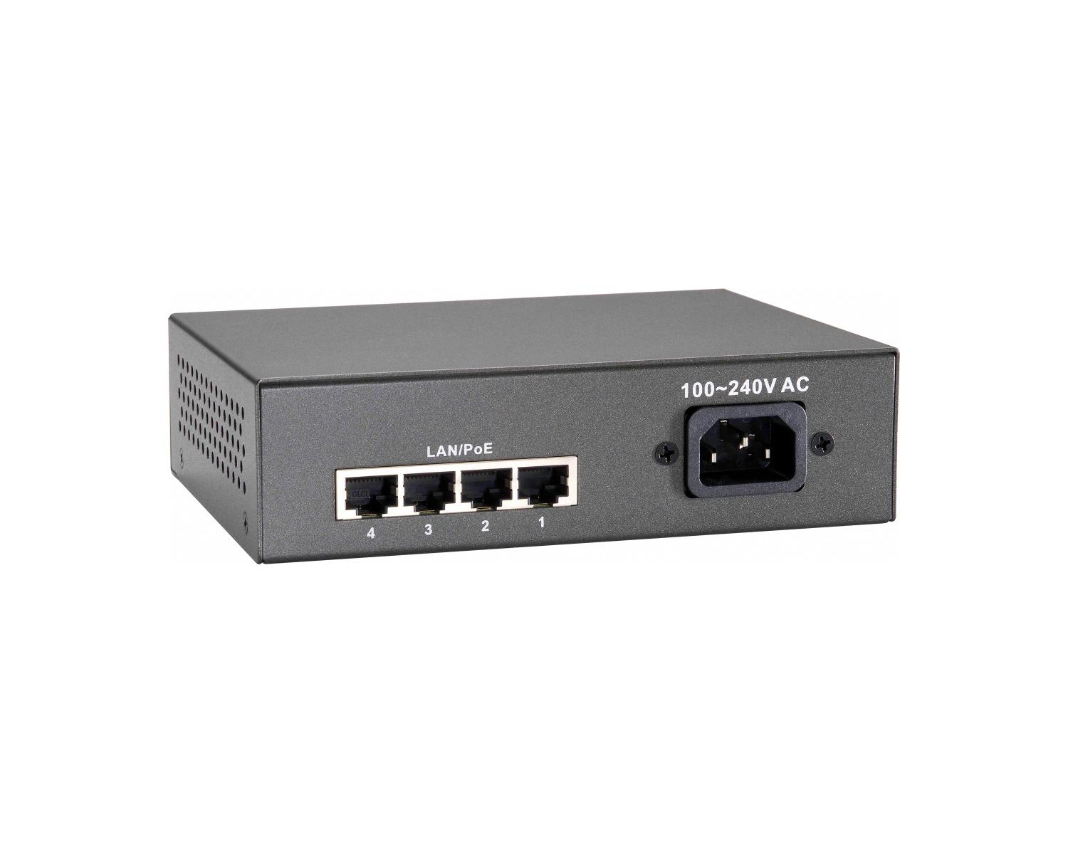 Switch Ethernet nero con 4 porte LAN/PoE e ingresso alimentazione AC.