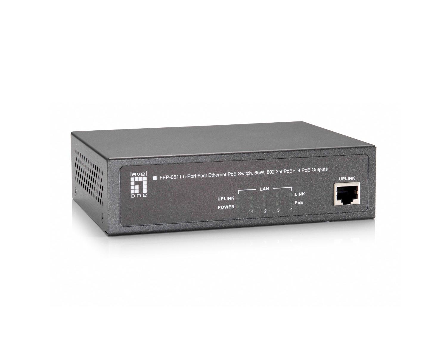 Uno switch PoE Level One grigio a 5 porte con porte LAN e uplink.