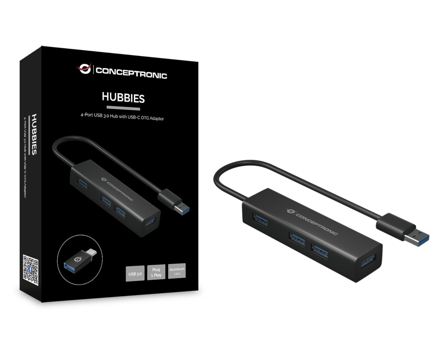 Adattatore OTG USB-C nero a 4 porte accanto alla sua confezione.