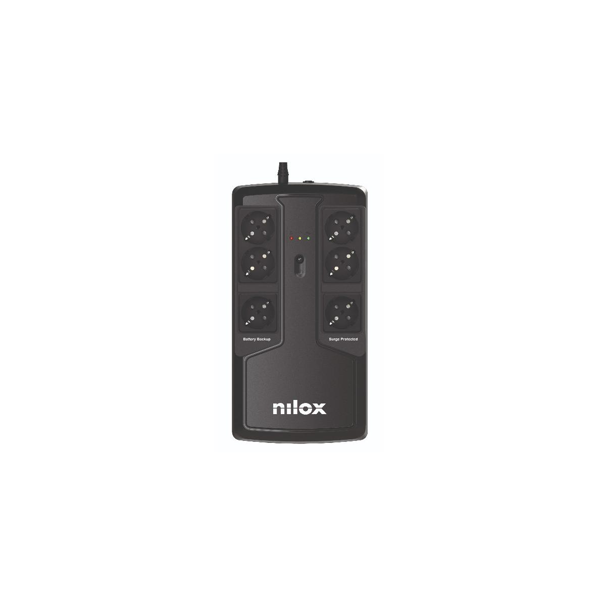 Protector contra sobretensiones negro con 6 enchufes, "Battery Backup" y "Surge Protected".