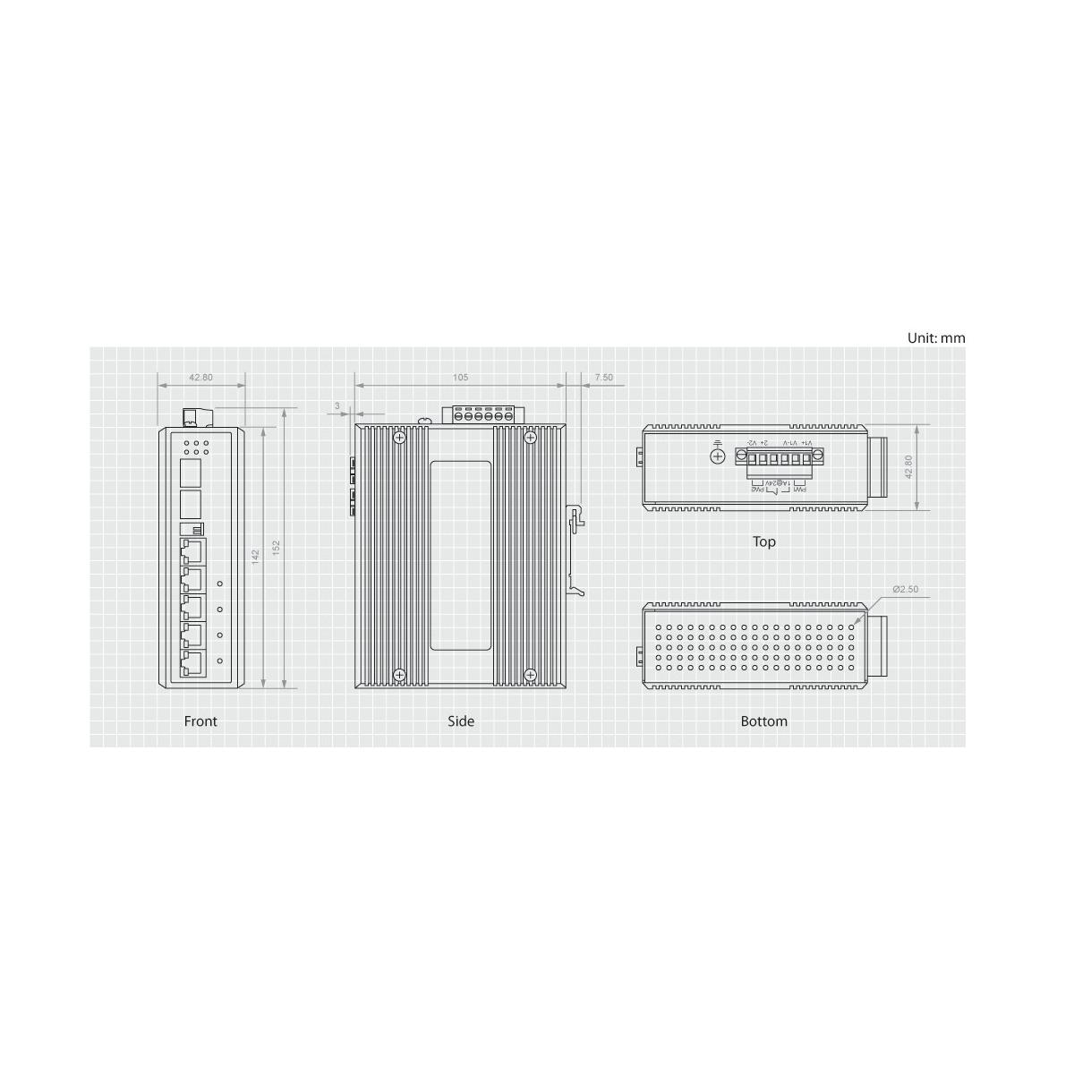 Disegno tecnico di un dispositivo con viste frontale, laterale, superiore e inferiore.