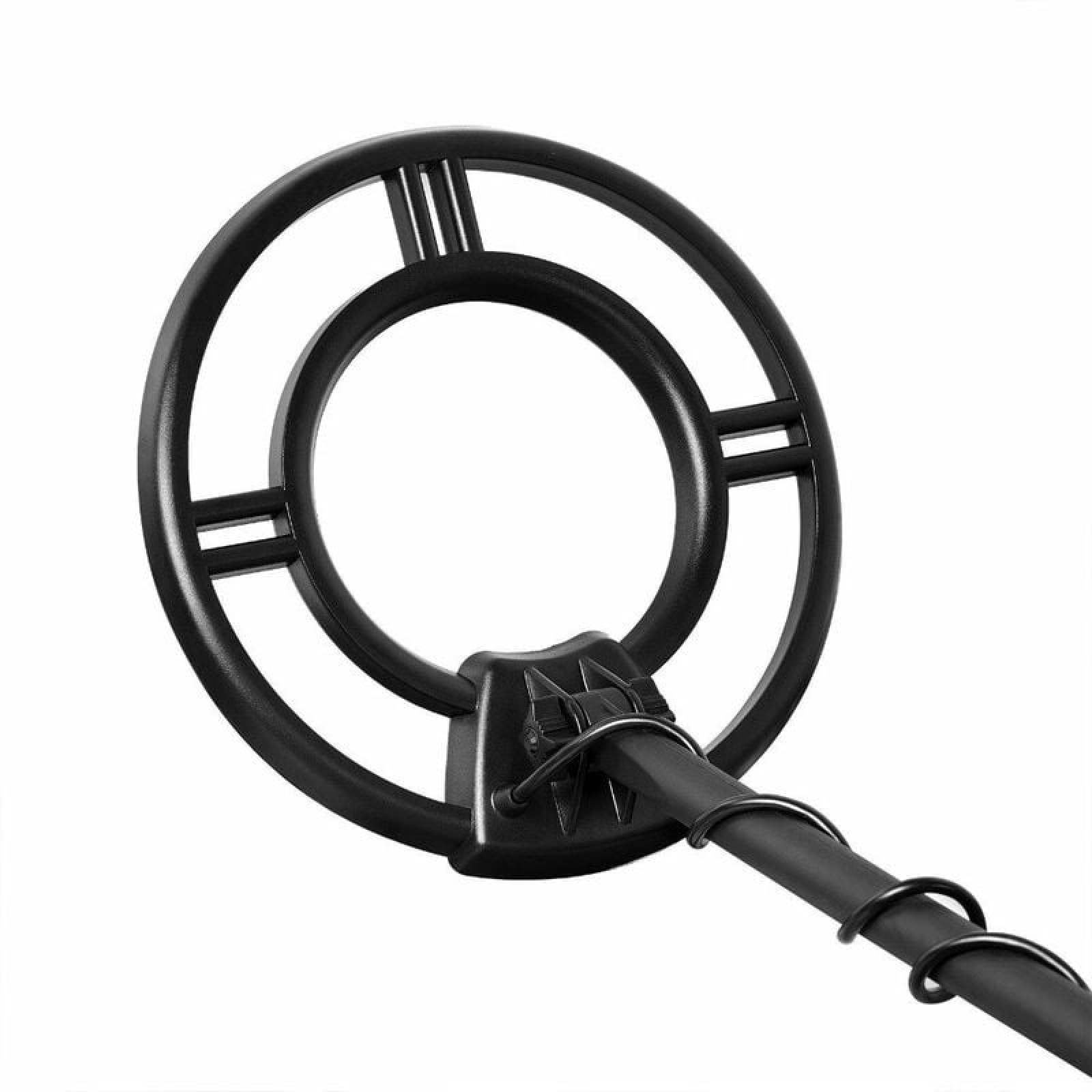 Schwarze Metallsucherspule mit Stangen und weißem Hintergrund.