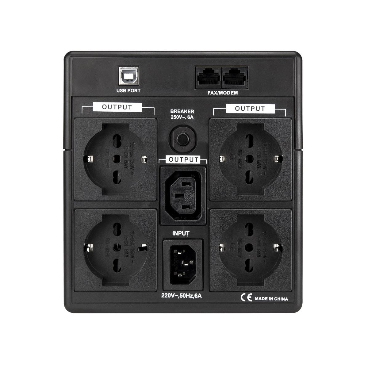 Pannello posteriore di un gruppo di continuità nero con porte USB, Fax/Modem, prese multiple.