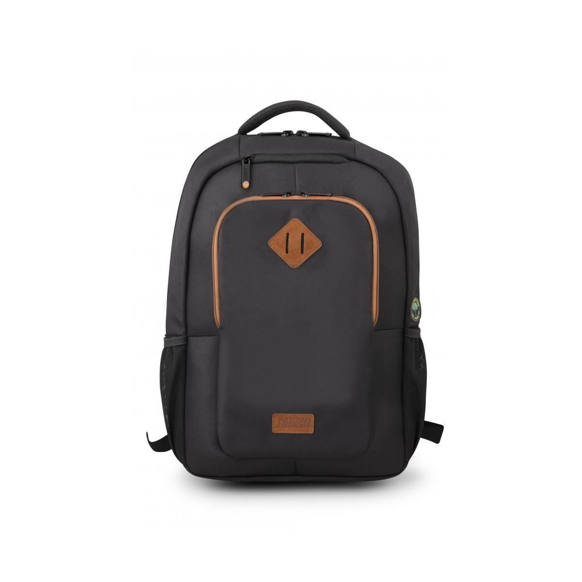 Ein schwarzer Rucksack mit braunen Akzenten, Reißverschlüssen und Seitentaschen.