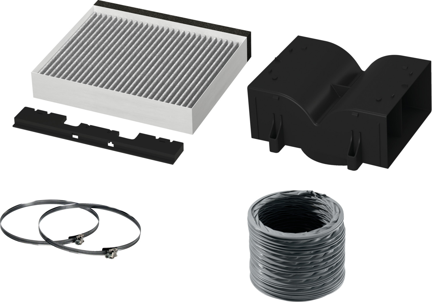 Luftfilter, schwarzer Adapter, zwei Schlauchschellen und grauer Flexschlauch.