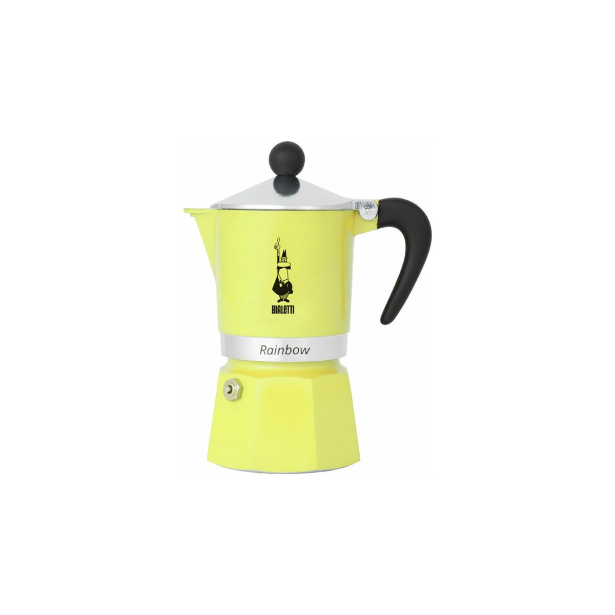 Moka Bialetti gialla con manico e pomello neri.