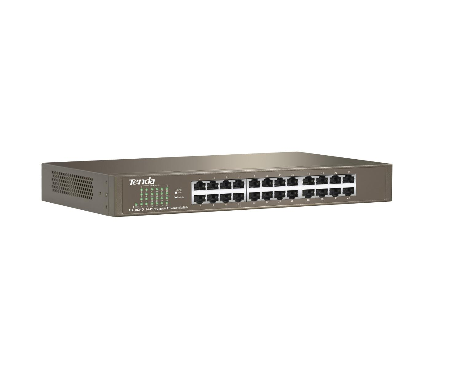 Çok sayıda bağlantı noktası ve LED'e sahip gri Tenda 24 bağlantı noktalı Gigabit Ethernet anahtar.