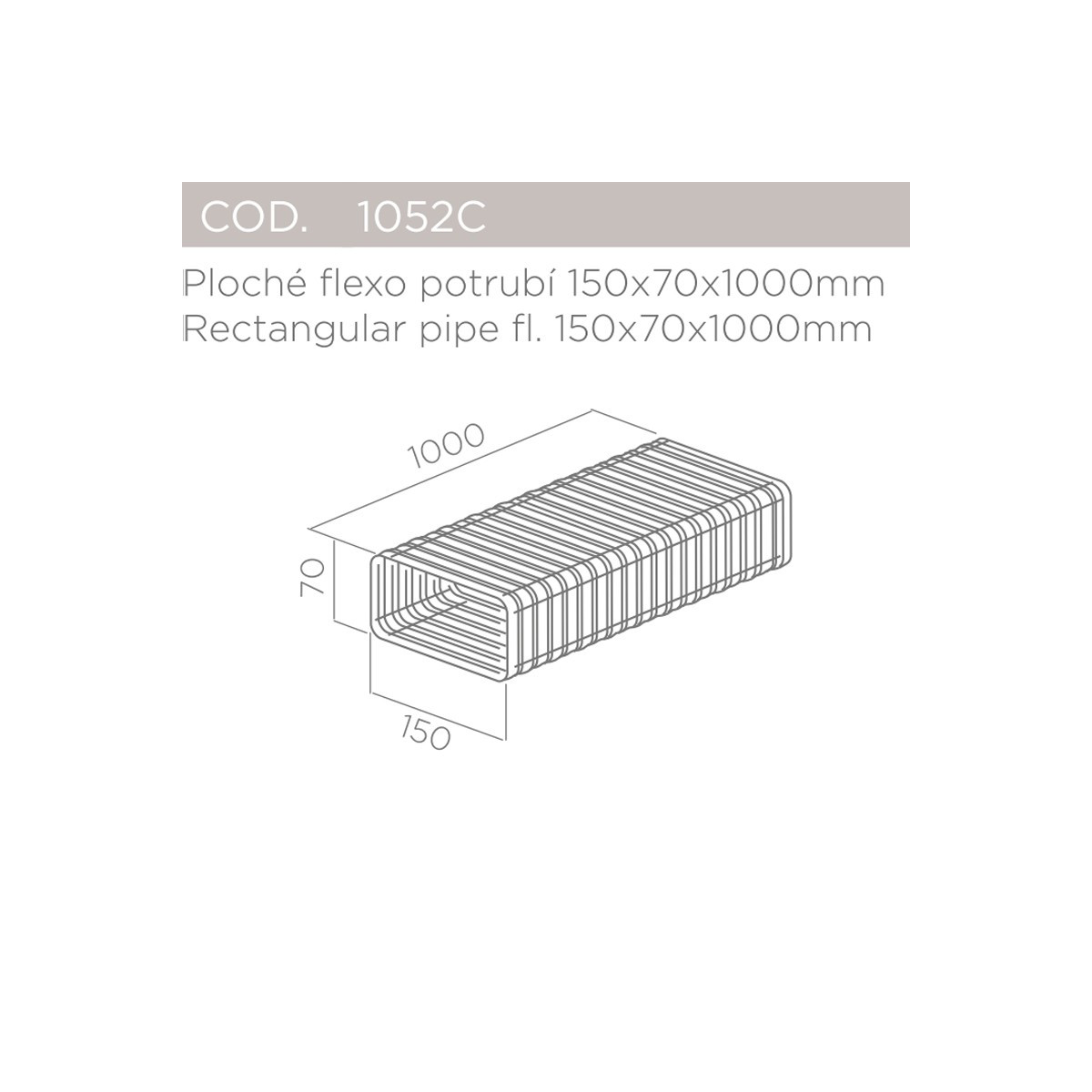 Rectangular pipe 150x70x1000mm, schematic drawing with dimensions.