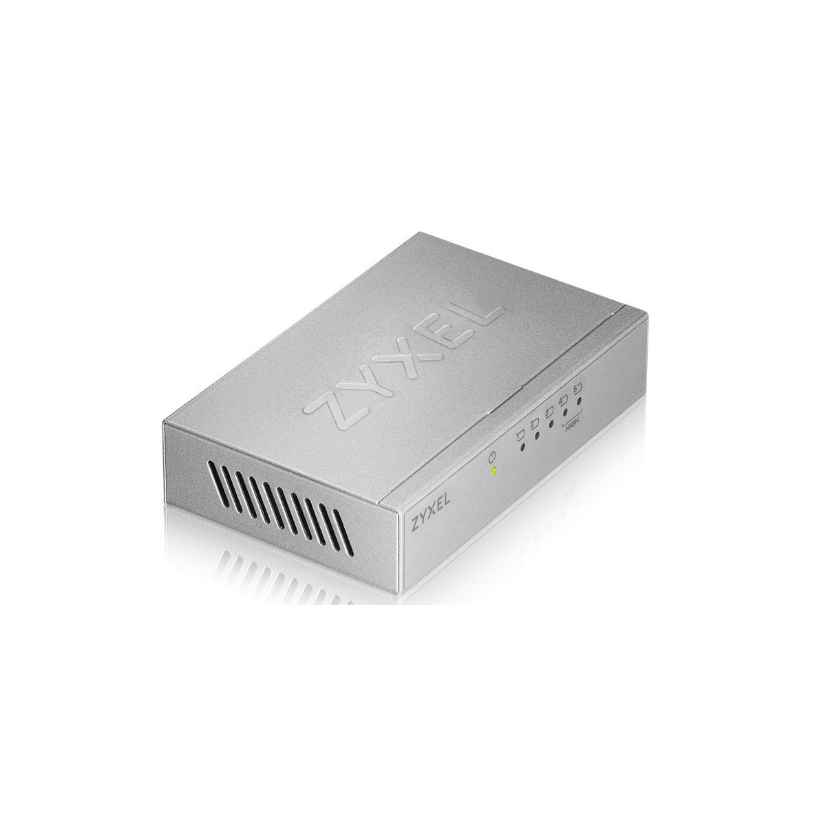 Un dispositivo Zyxel argentato con fessure di ventilazione e spie luminose.
