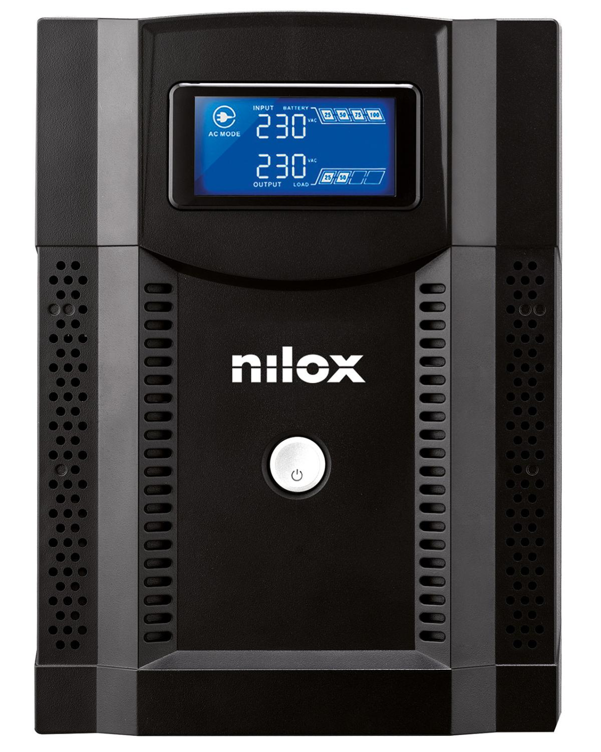 Un dispositivo Nilox UPS negro con una pantalla digital que muestra 230V.