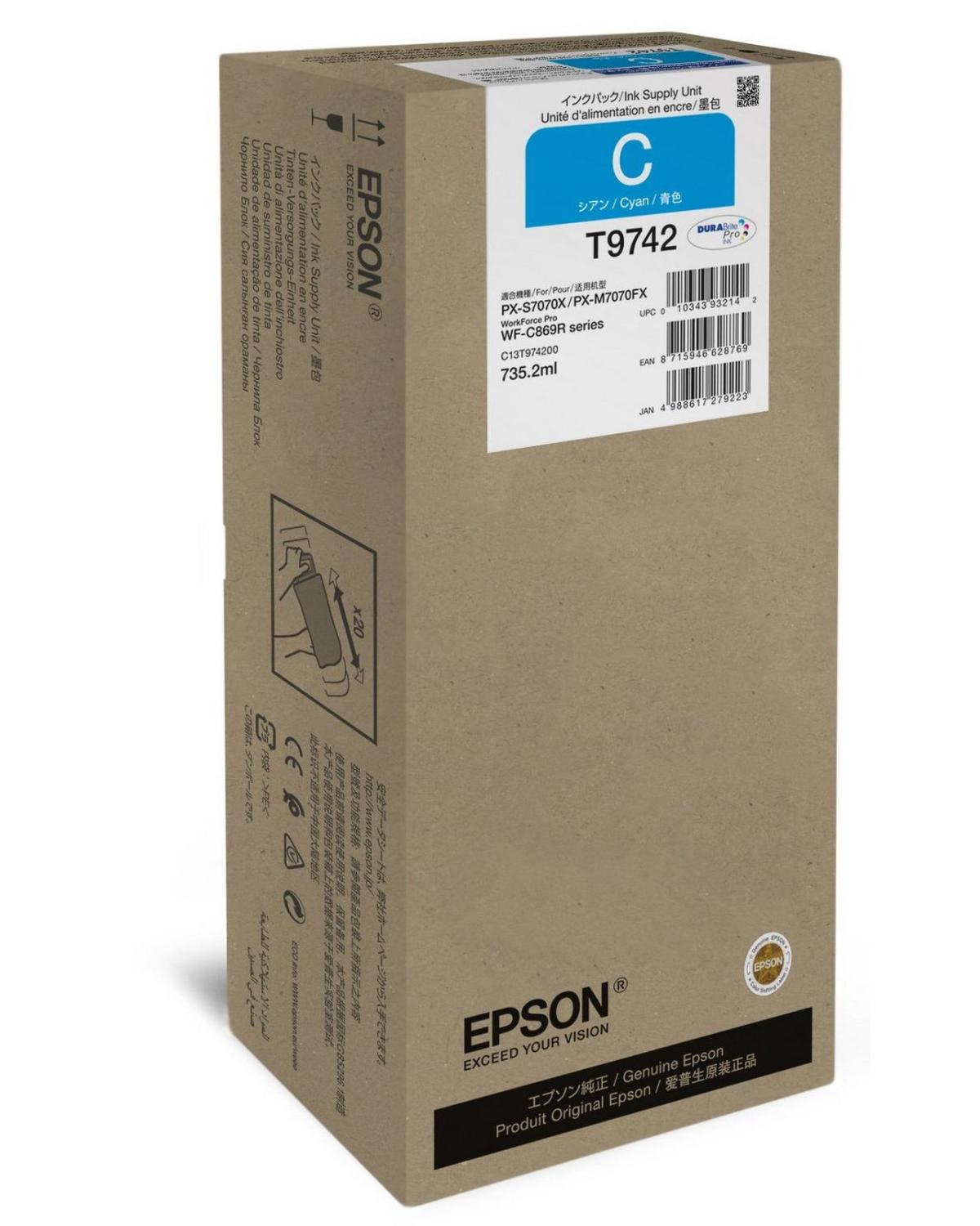 Tusz Epson T9742 cyjan do WorkForce Pro WF-C869R series.