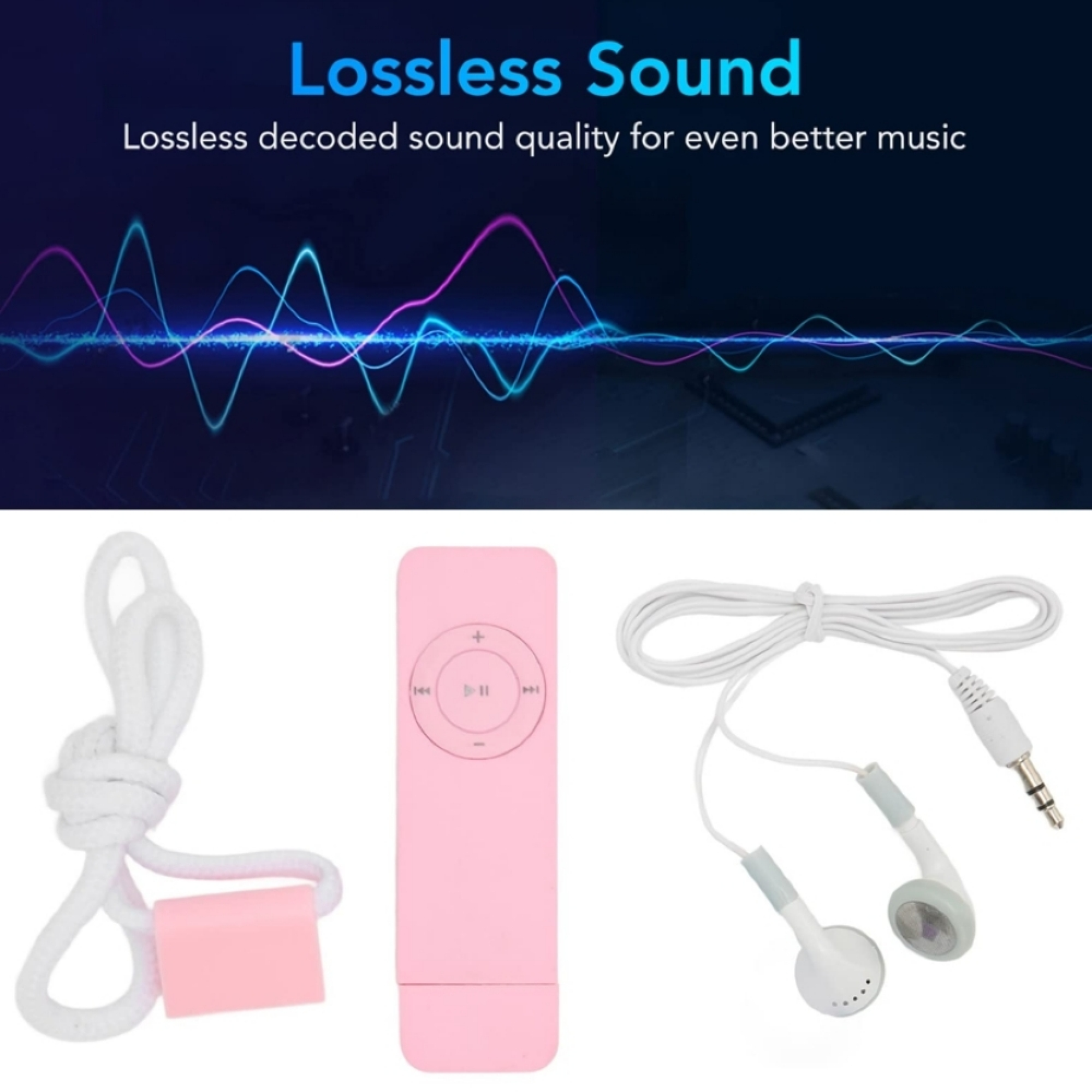 Ein pinker MP3-Player mit Kopfhörern und Lanyard. Oben sind Wellenformen abgebildet.