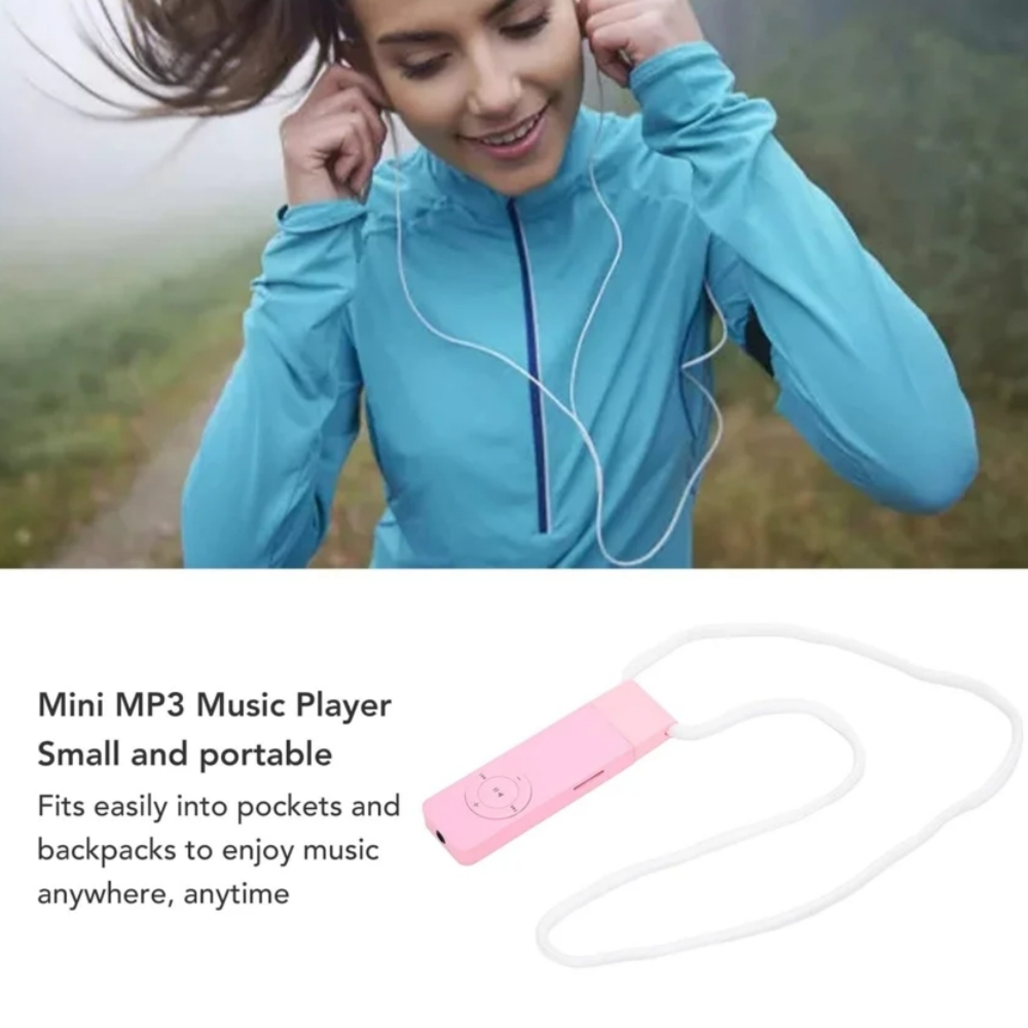 Frau mit Kopfhörern im türkisfarbenen Trainingsanzug. Kleiner rosa MP3-Player.