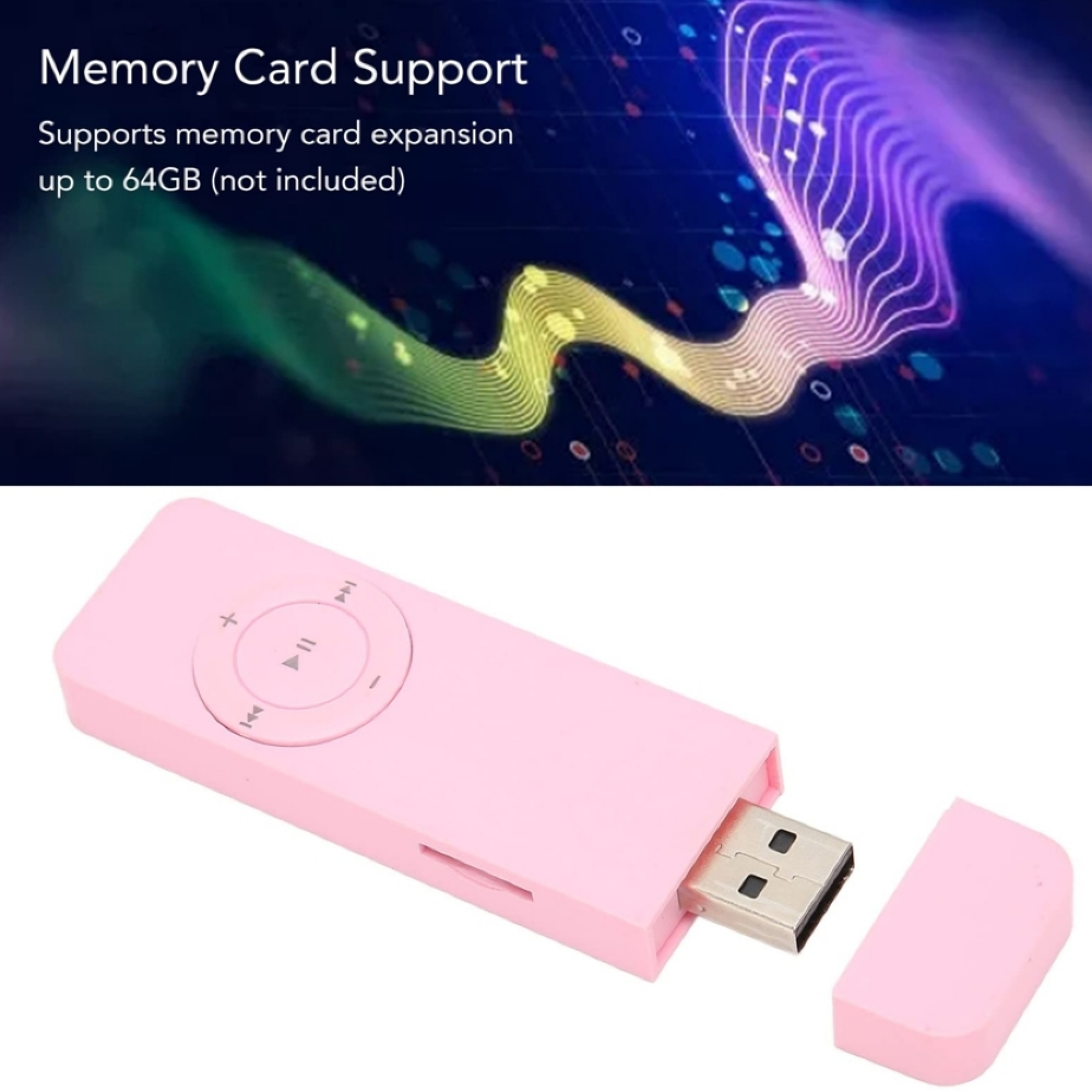 Pinker MP3-Player mit USB-Anschluss und Bedienelementen. Unterstützt Speichererweiterung.
