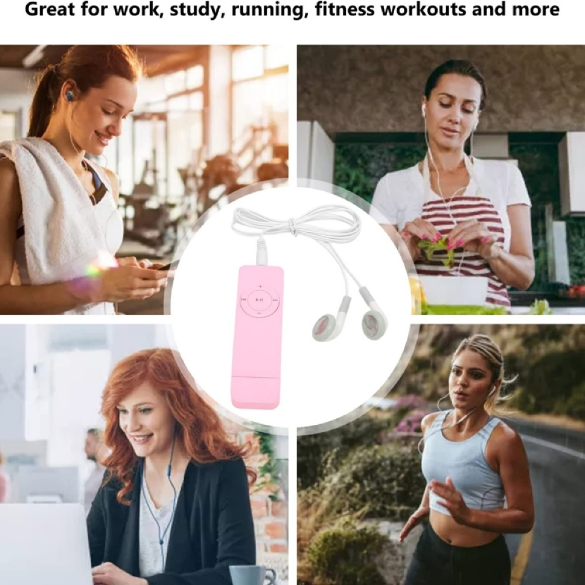 Eine rosafarbene MP3 mit Kopfhörern, umgeben von Frauen beim Sport, Kochen und Arbeiten.