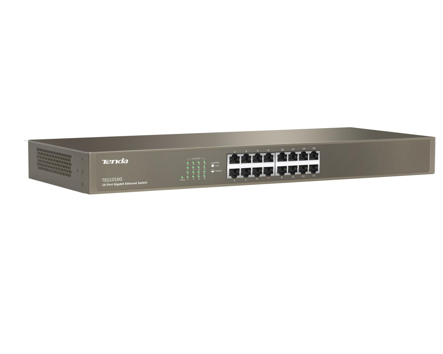 Çok sayıda portu ve gösterge ışığı bulunan gri Tenda 16 portlu Gigabit Ethernet anahtarı.