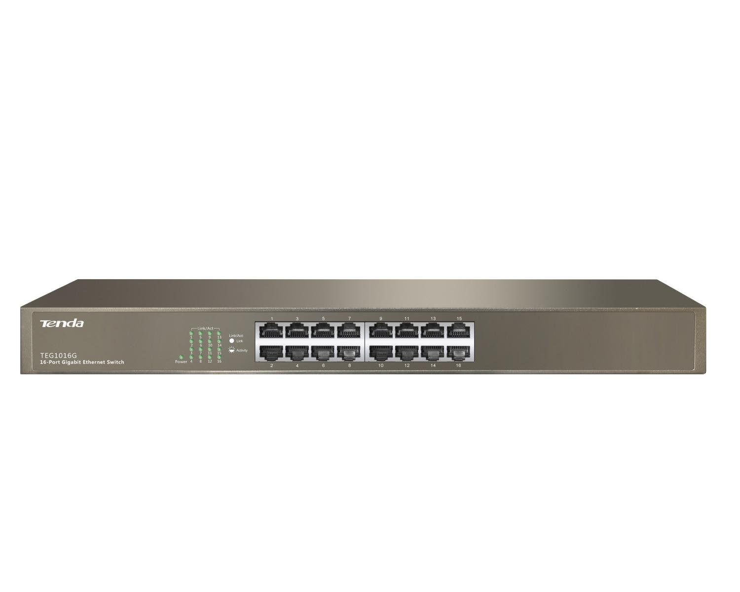 Ön portları ve gösterge ışıkları olan gri Tenda 16 Bağlantı Noktalı Gigabit Ethernet Anahtarı.