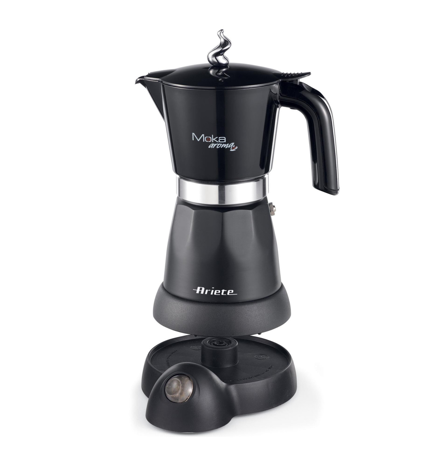 Schwarze Moka-Kaffeemaschine mit silbernen Akzenten auf weißem Hintergrund.