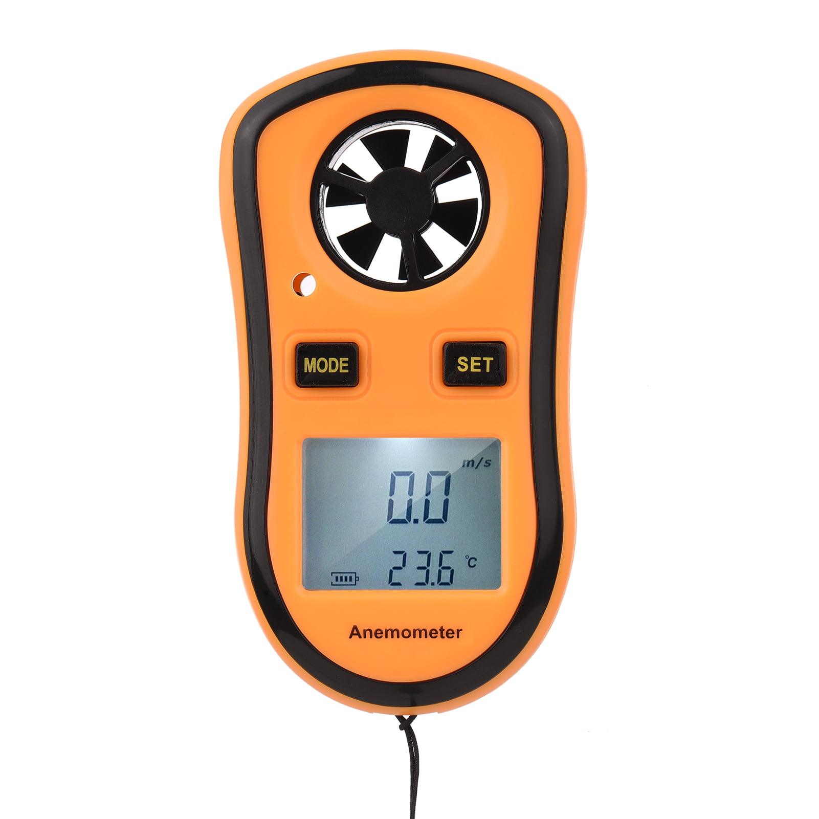 Orangefarbenes Anemometer mit Lüfterrad, LCD-Anzeige zeigt 0,0 m/s und 23,6 °C.
