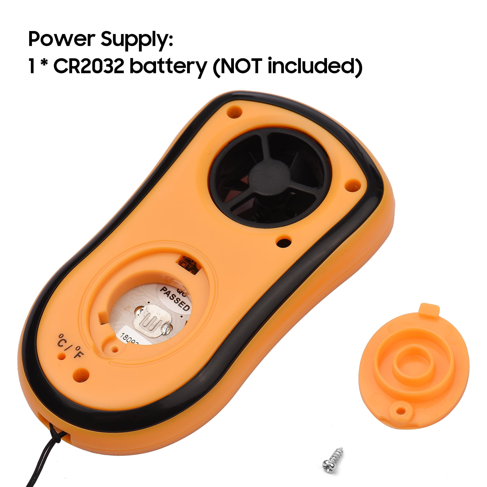 Orange und schwarzes Anemometer mit aufgedrucktem Text und Batteriefach.