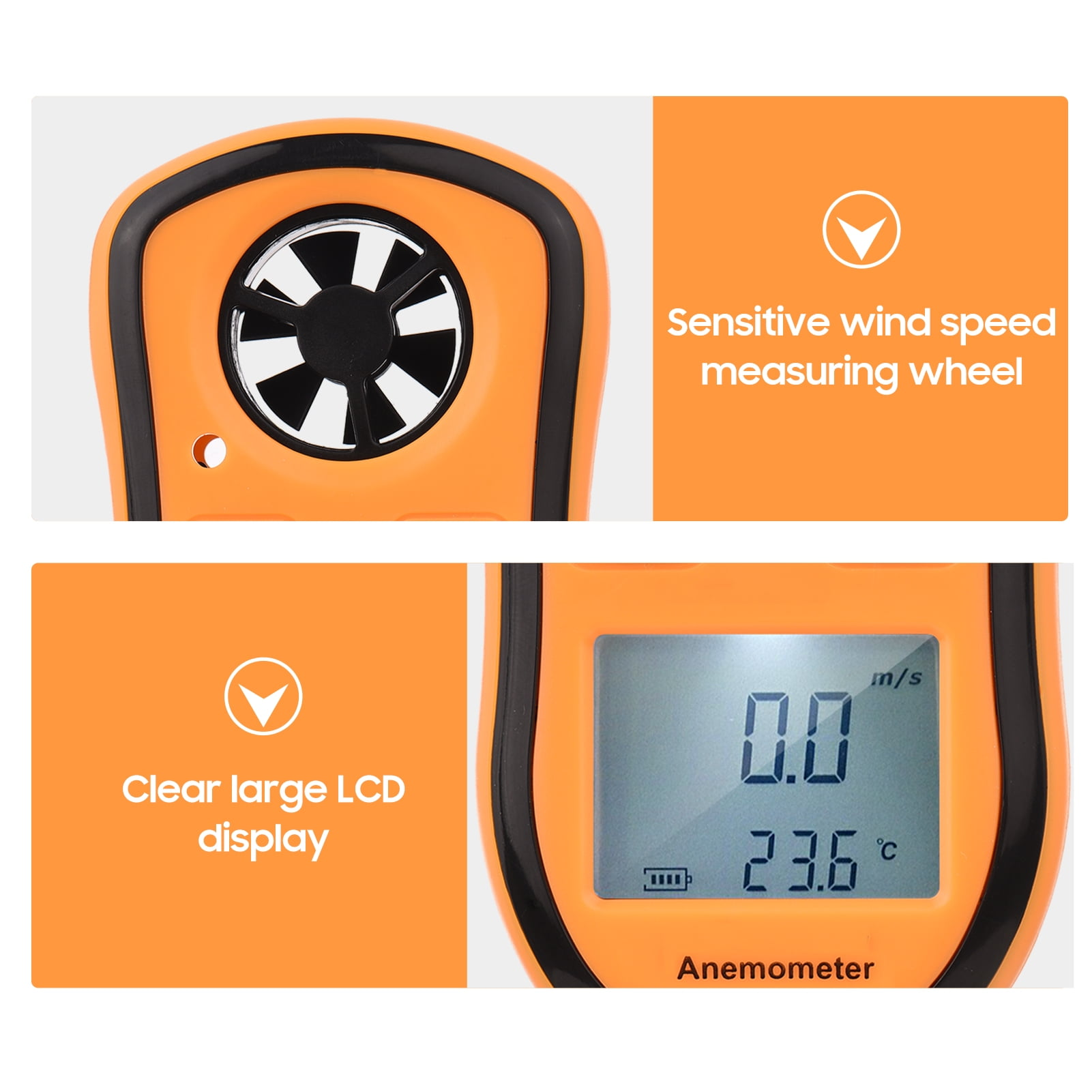 Ein orangefarbener Anemometer mit LCD-Anzeige und Windrad.