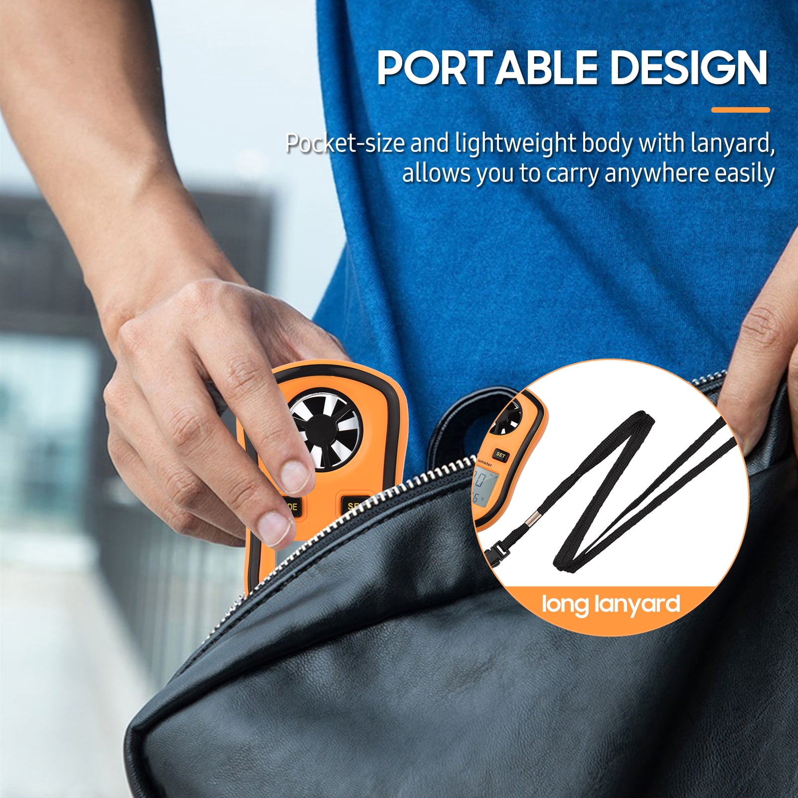Orange Anemometer mit Lanyard wird in eine Tasche gesteckt.