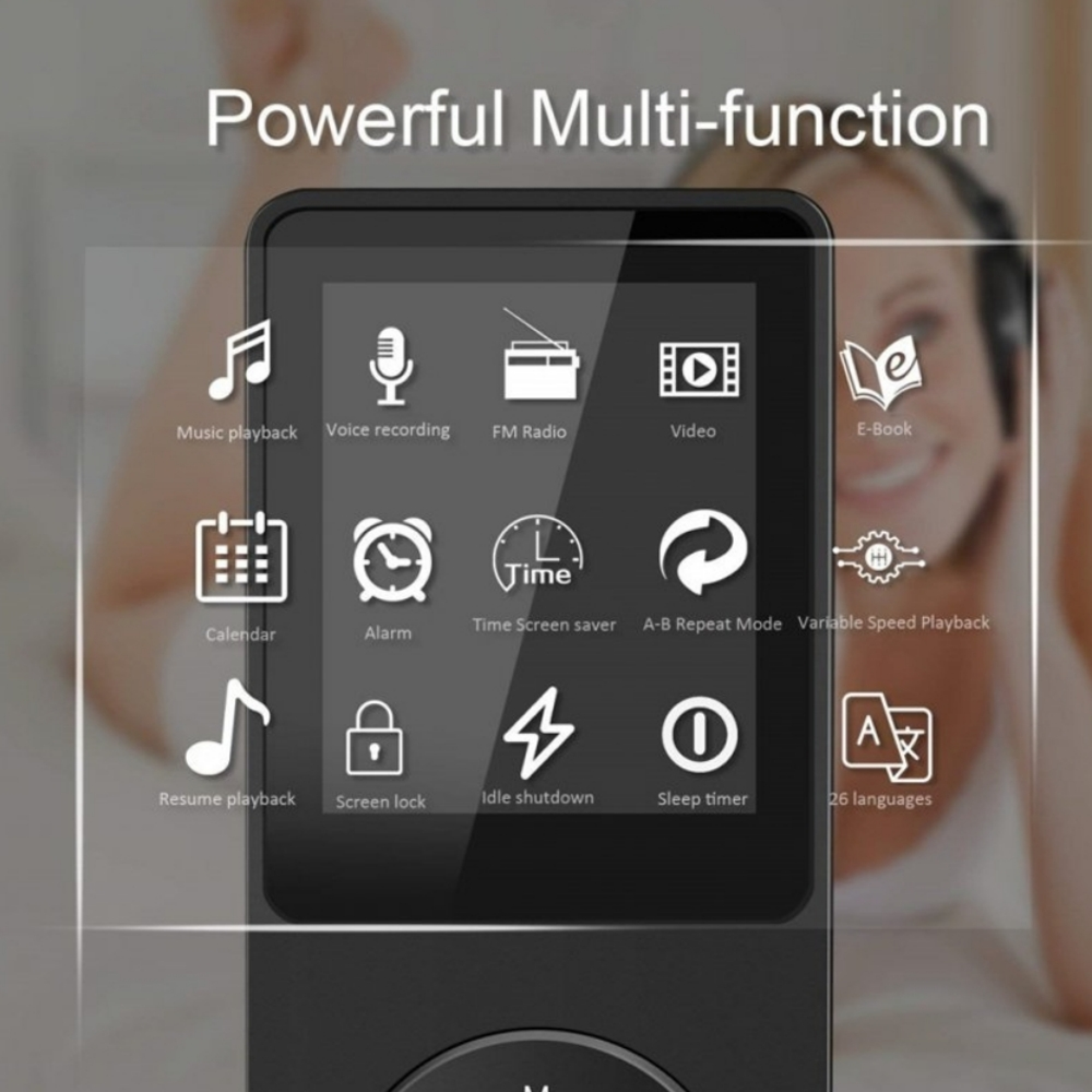 MP3-Player-Bildschirm mit Symbolen für Musik, Stimme, Radio, Video, E-Book, Kalender, Wecker, Sleep-Timer.