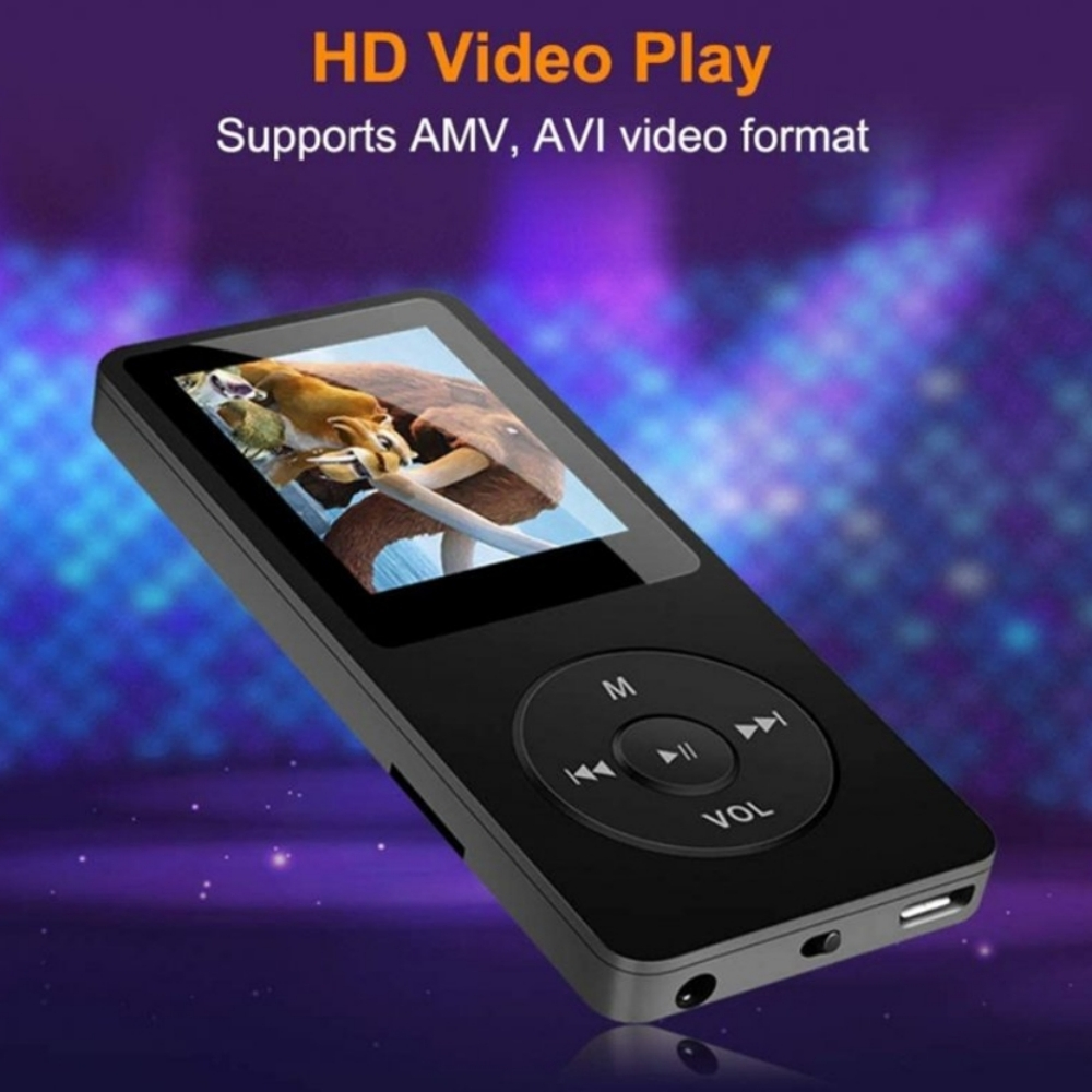 Schwarzer MP3-Player mit Bildschirm, der einen Elefanten zeigt, auf lila Hintergrund mit Lichtern.