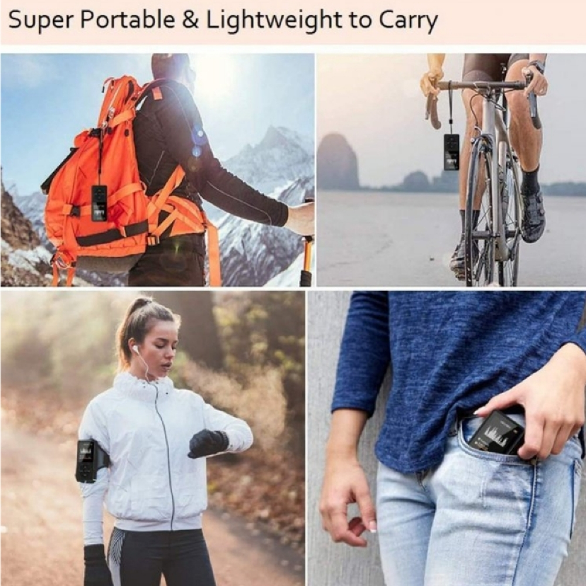 Personen beim Wandern, Radfahren, Laufen und Verstauen eines Geräts in einer Tasche.