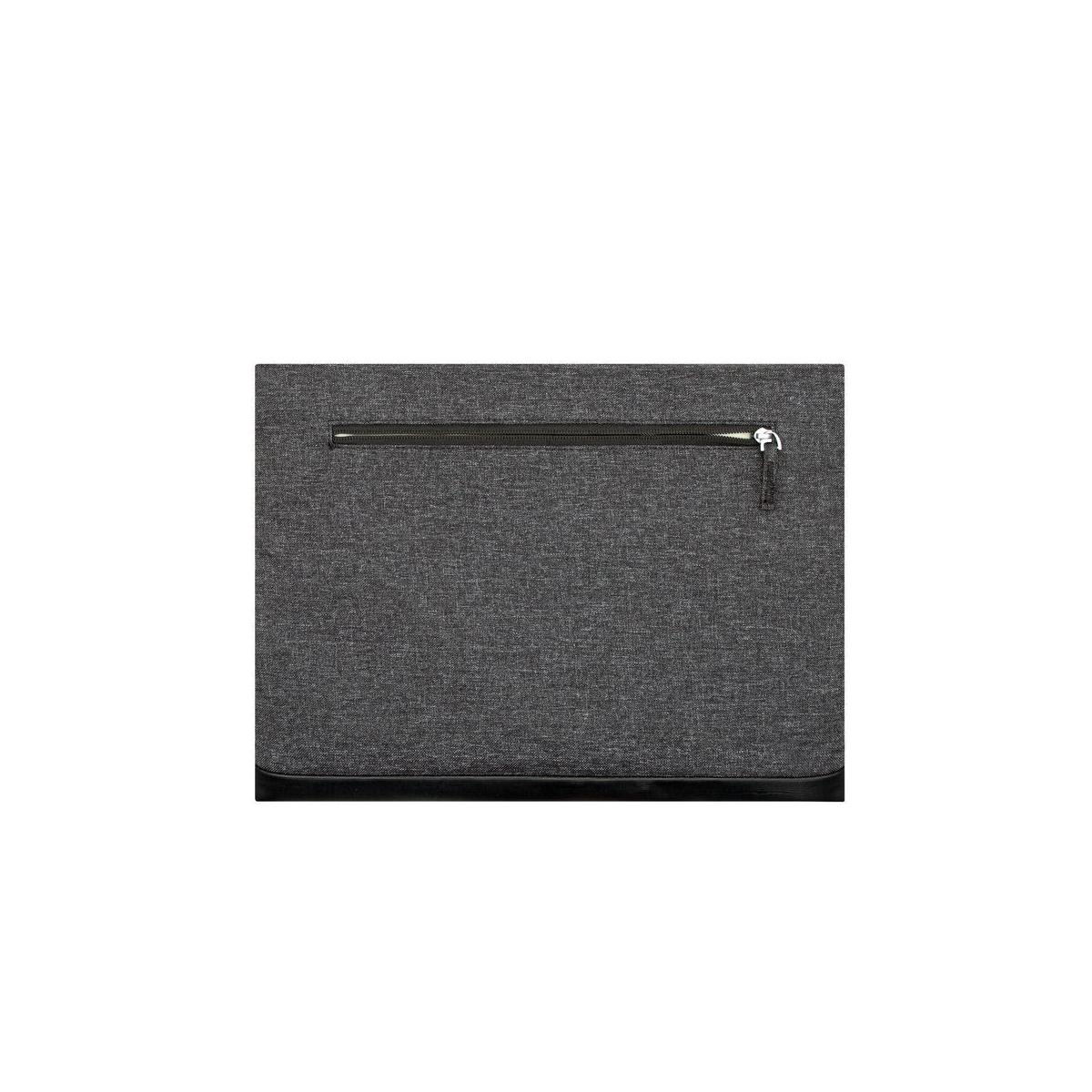 Graue Stofftasche mit Reißverschluss oben und schwarzem Lederbesatz unten.