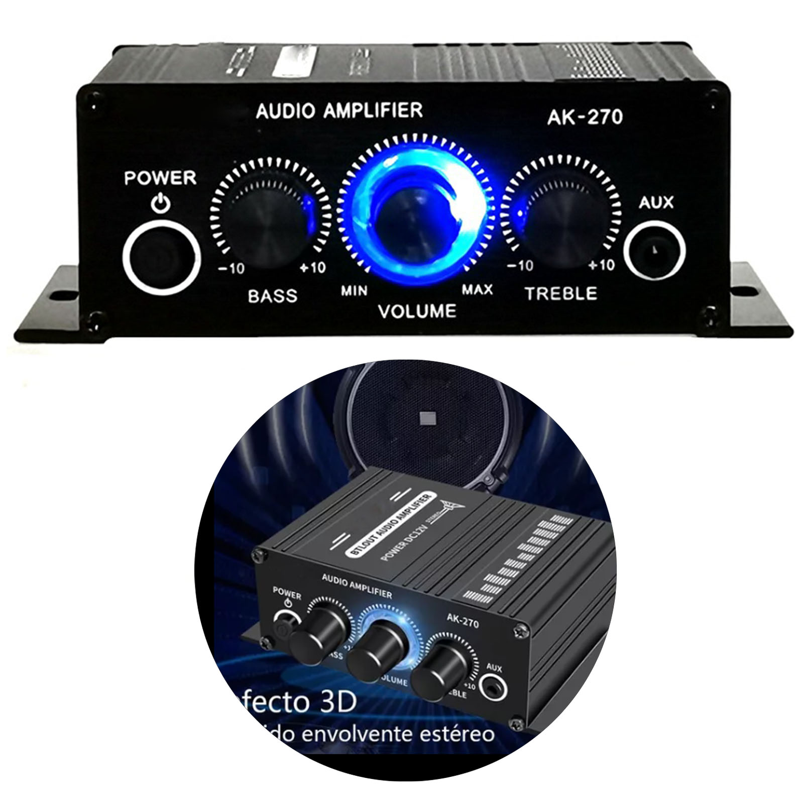Schwarzer Audioverstärker AK-270 mit blauer Beleuchtung, Bass-, Lautstärke- und Höhenreglern.