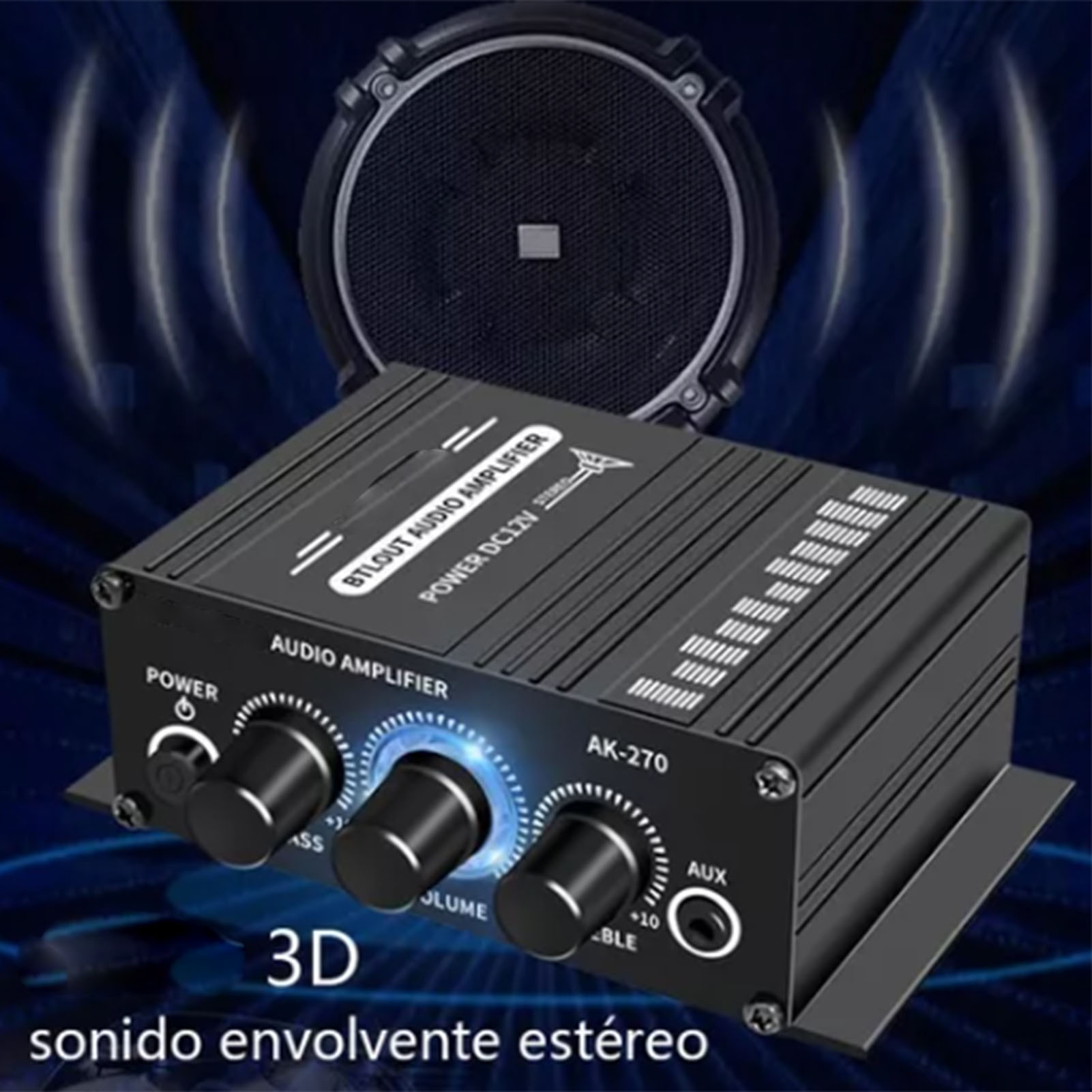 Schwarzer Audioverstärker mit Knöpfen, Lautsprecher im Hintergrund, blaue Lichter.