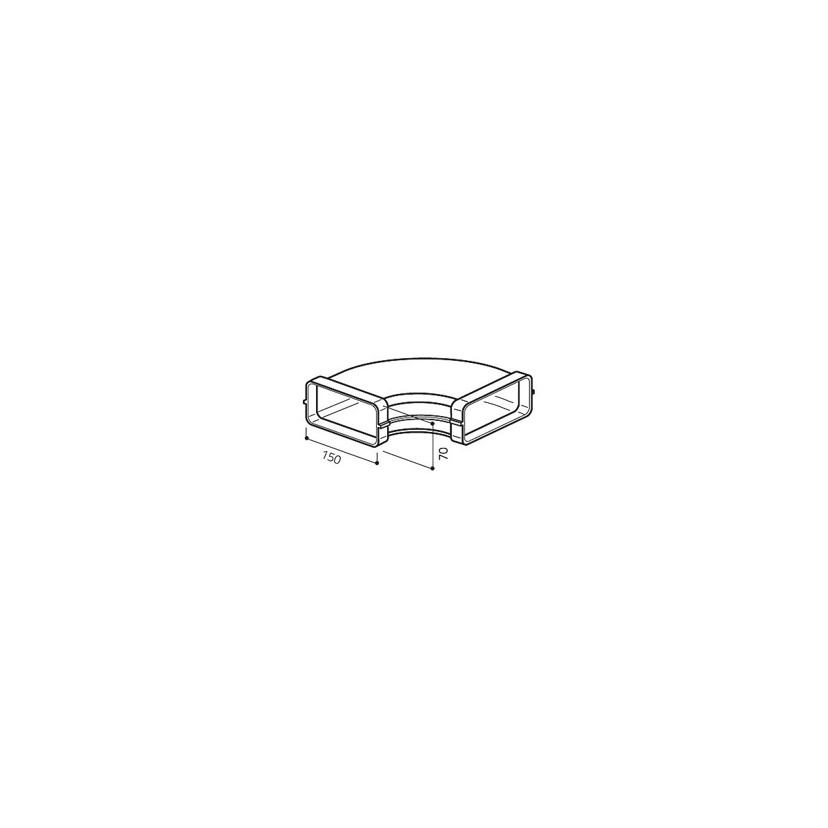 A 90-degree elbow duct connector with dimensions 150 and 70.
