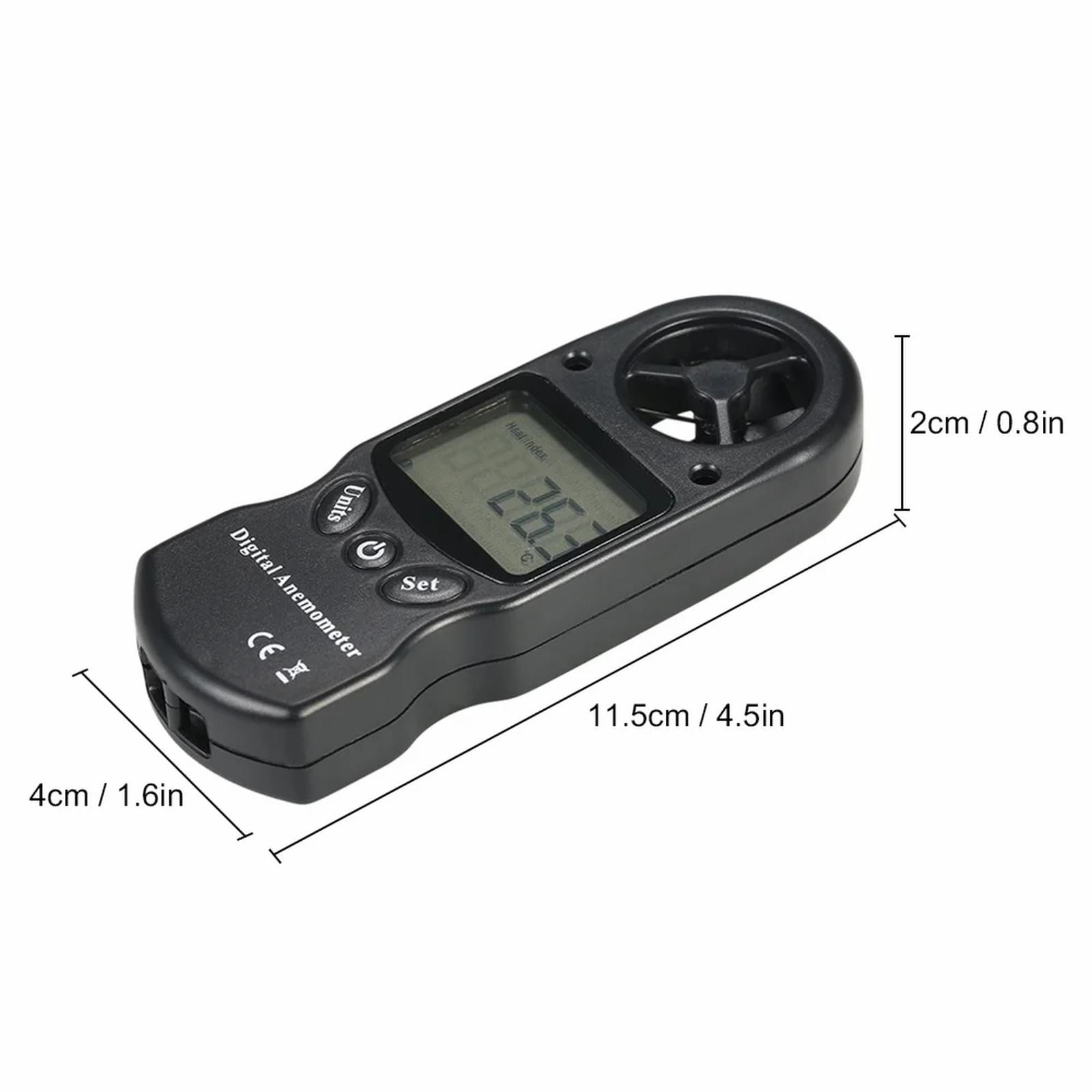 Schwarzes digitales Anemometer mit LCD-Display, das 26,5 °C anzeigt.