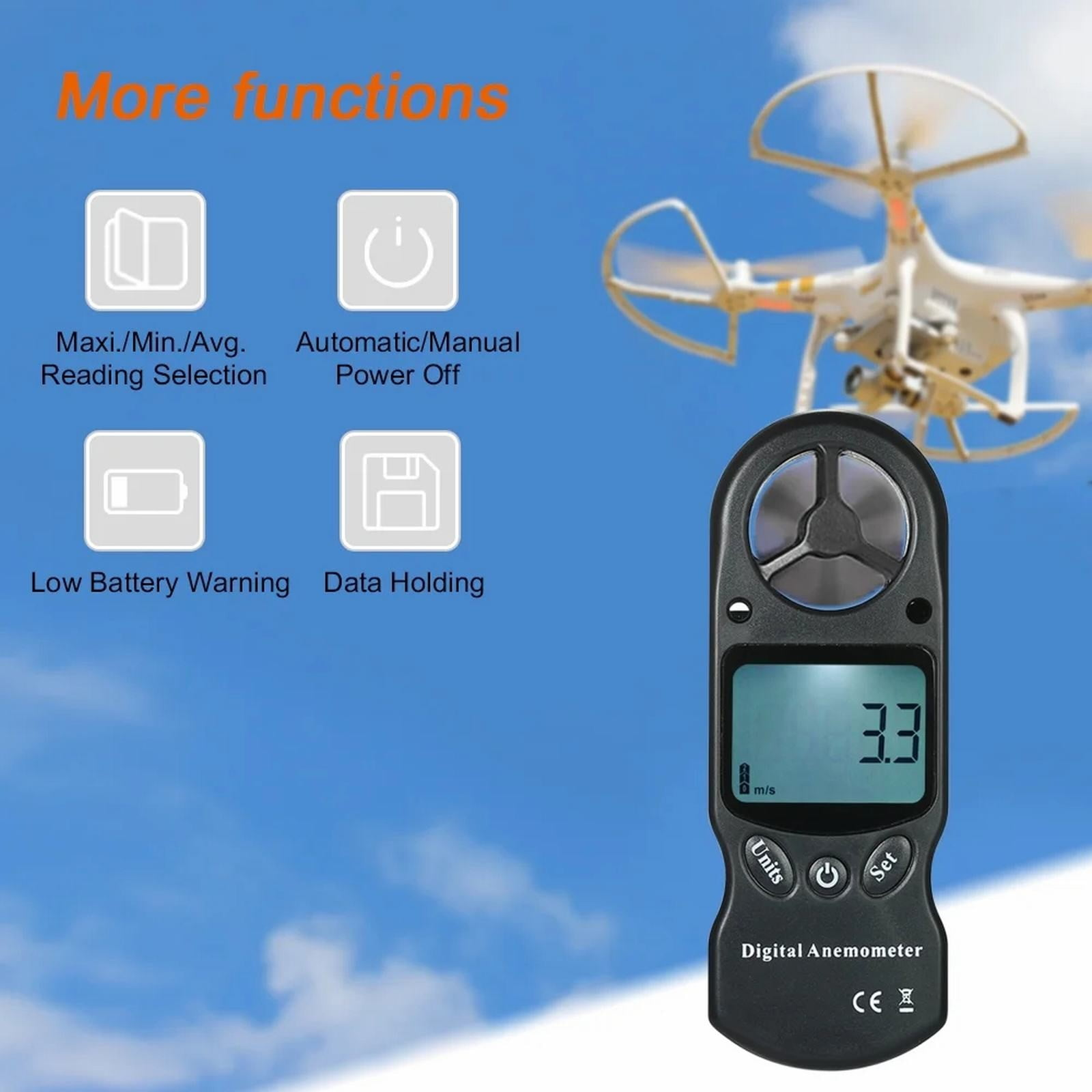 Digitales Anemometer mit Drohne im Himmel, zeigt 3,3 m/s an.