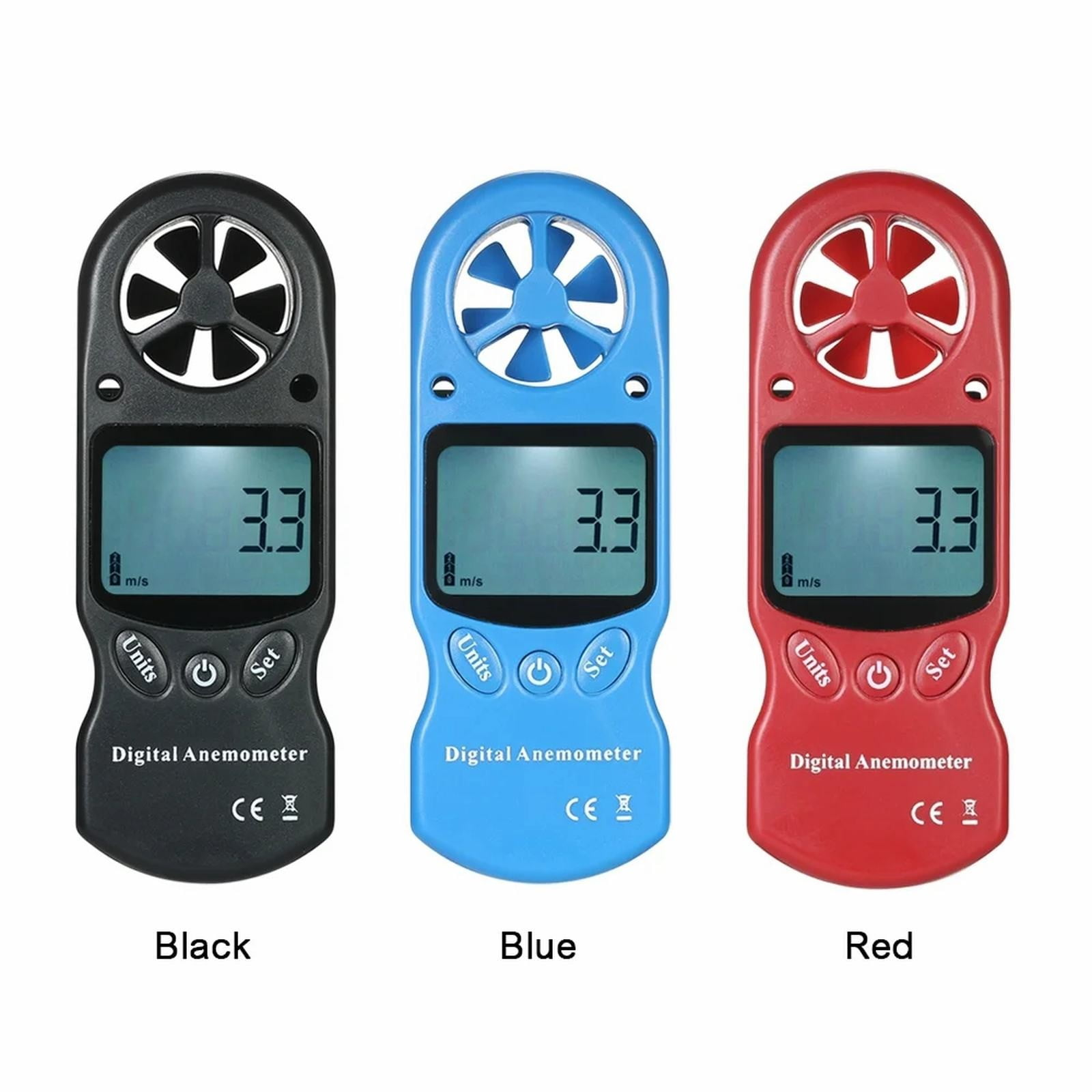 Drei digitale Anemometer in Schwarz, Blau und Rot auf weißem Hintergrund.