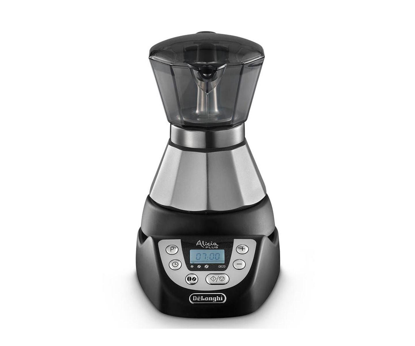 Schwarzer elektrischer Kaffeebereiter mit silbernen Akzenten und digitaler Anzeige.