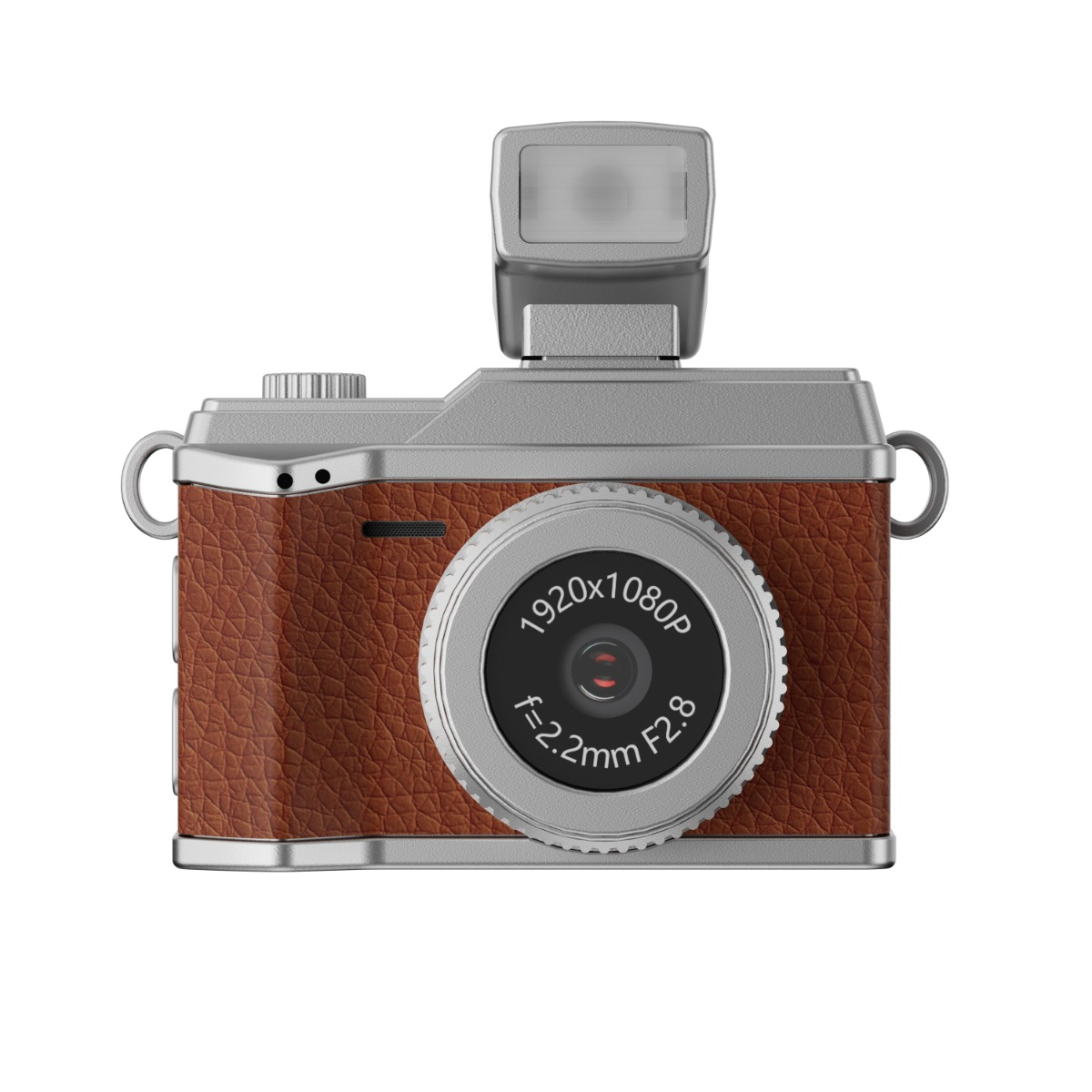 Eine braune Retro-Kamera mit ausklappbarem Blitz und silbernen Details.
